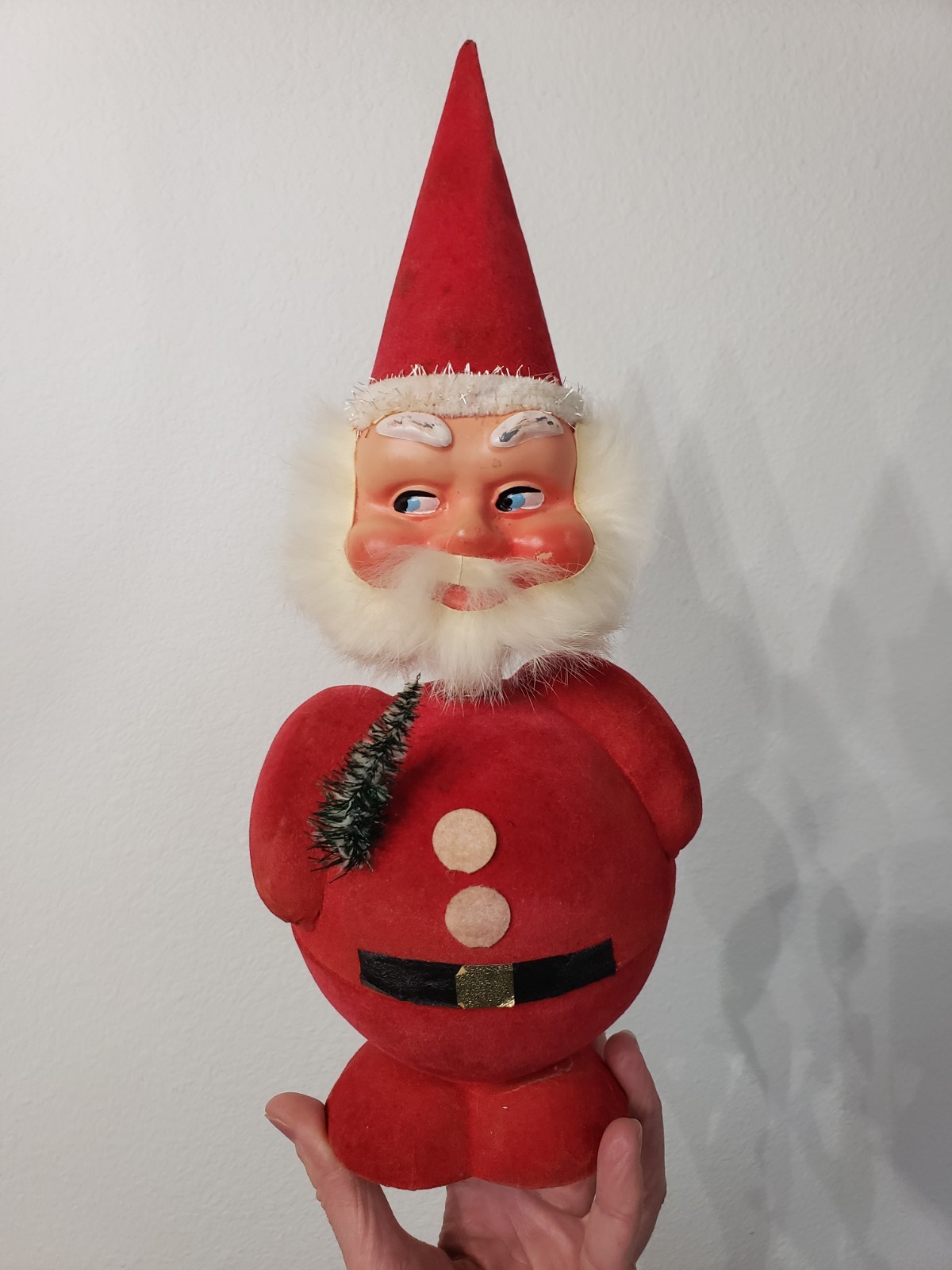 Vintage flocked Santa Claus w/bobble head candy German container original box