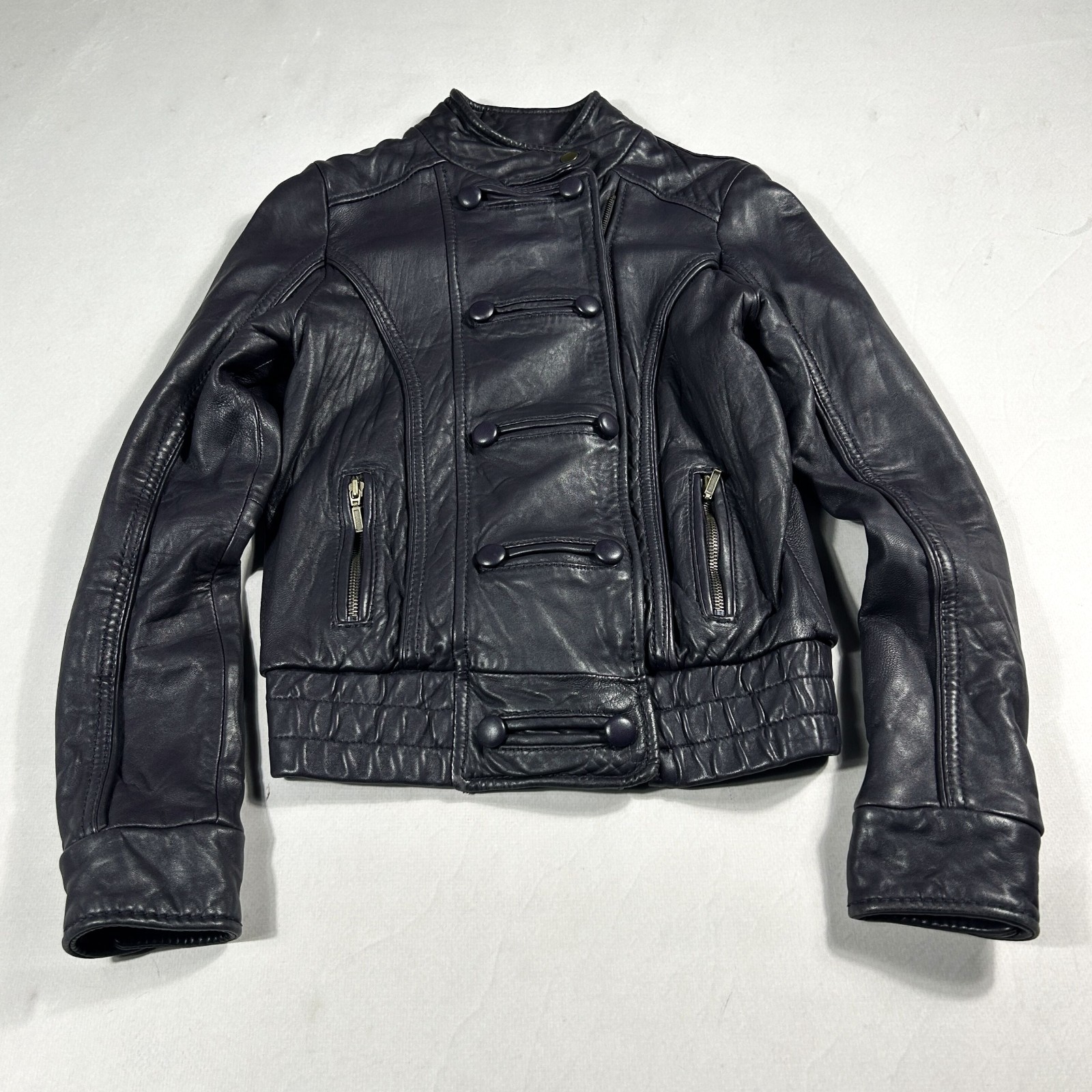 Vintage Aqua Real Leather Jacket Women\'s Small Dark Purple Button Full Zip Y2K