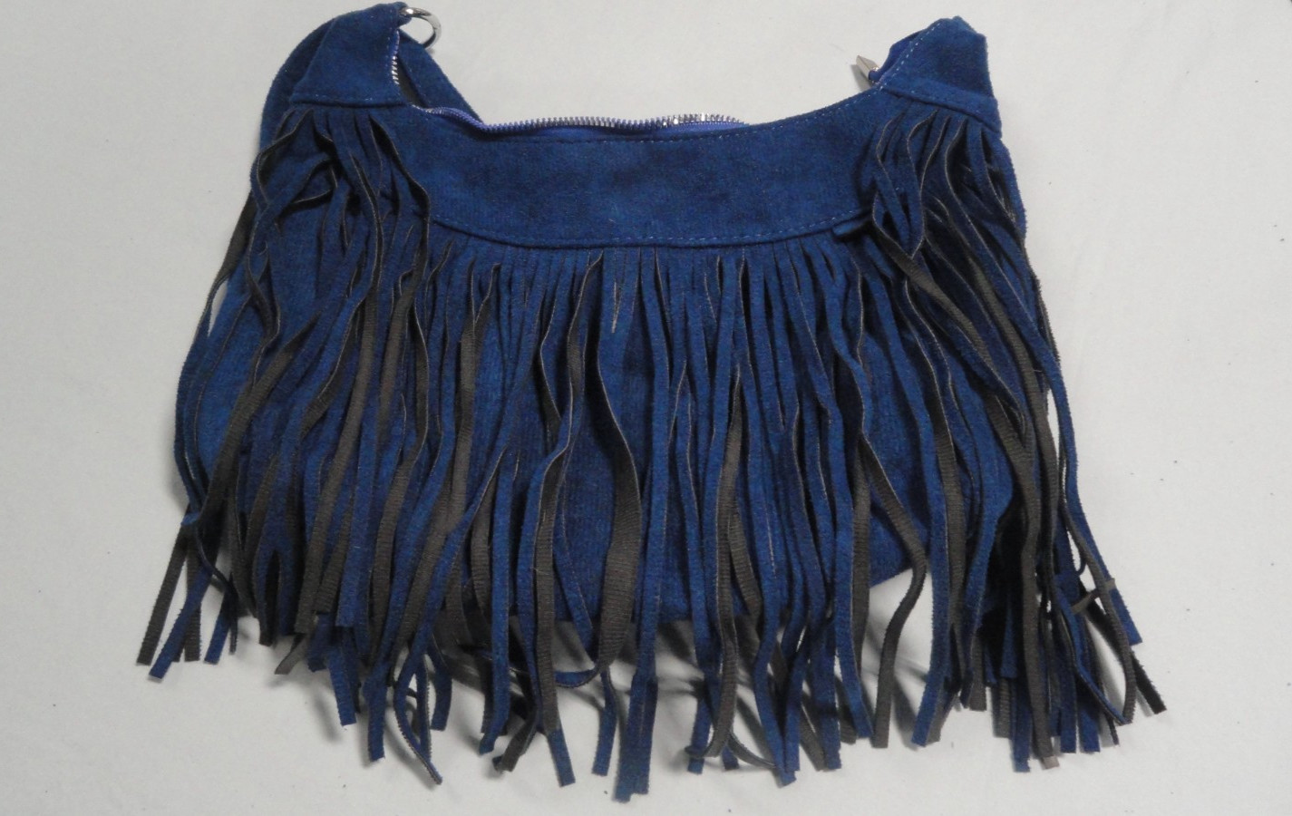 CLEAN EUC WESTERN STYLE SUEDE w/LEATHER FRINGE BLUE SHOULDER BAG PURSE