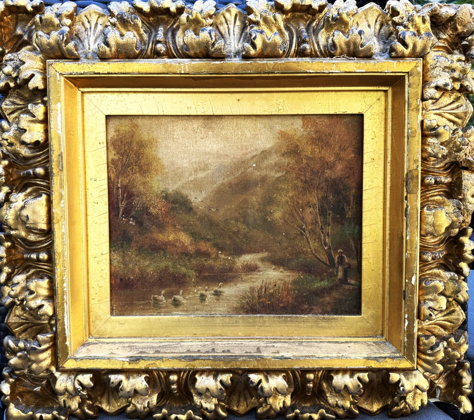 Mid 19th C British School Antique Pastoral Landscape Oil Painting Signed Framed