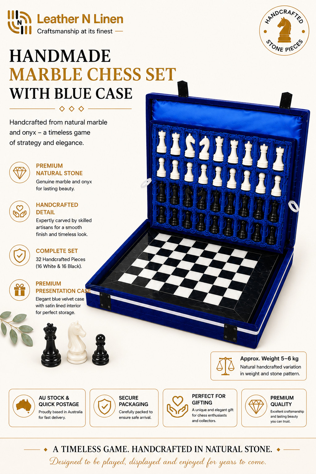 Handcrafted Marble & Onyx Chess Set 30cm Black White Stone Board with Case