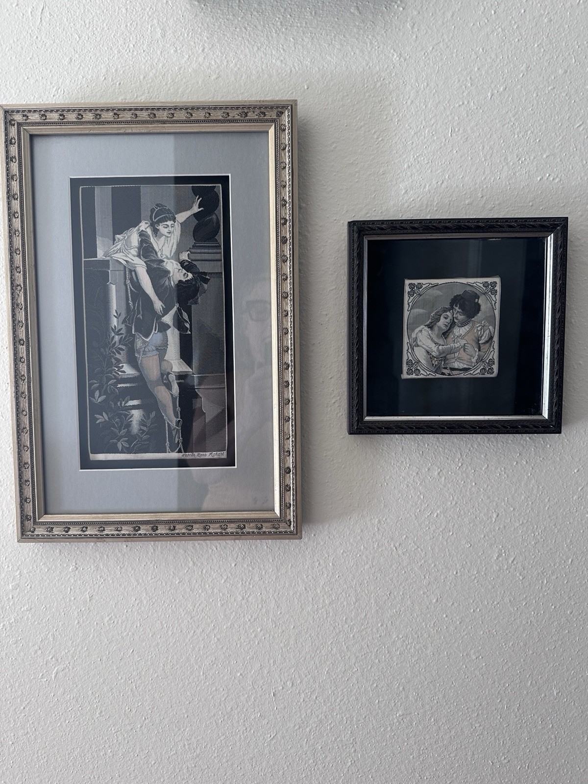 Pair Antique French Neyret Freres Silk Tapestry Romeo Juliet Hans Makart Framed