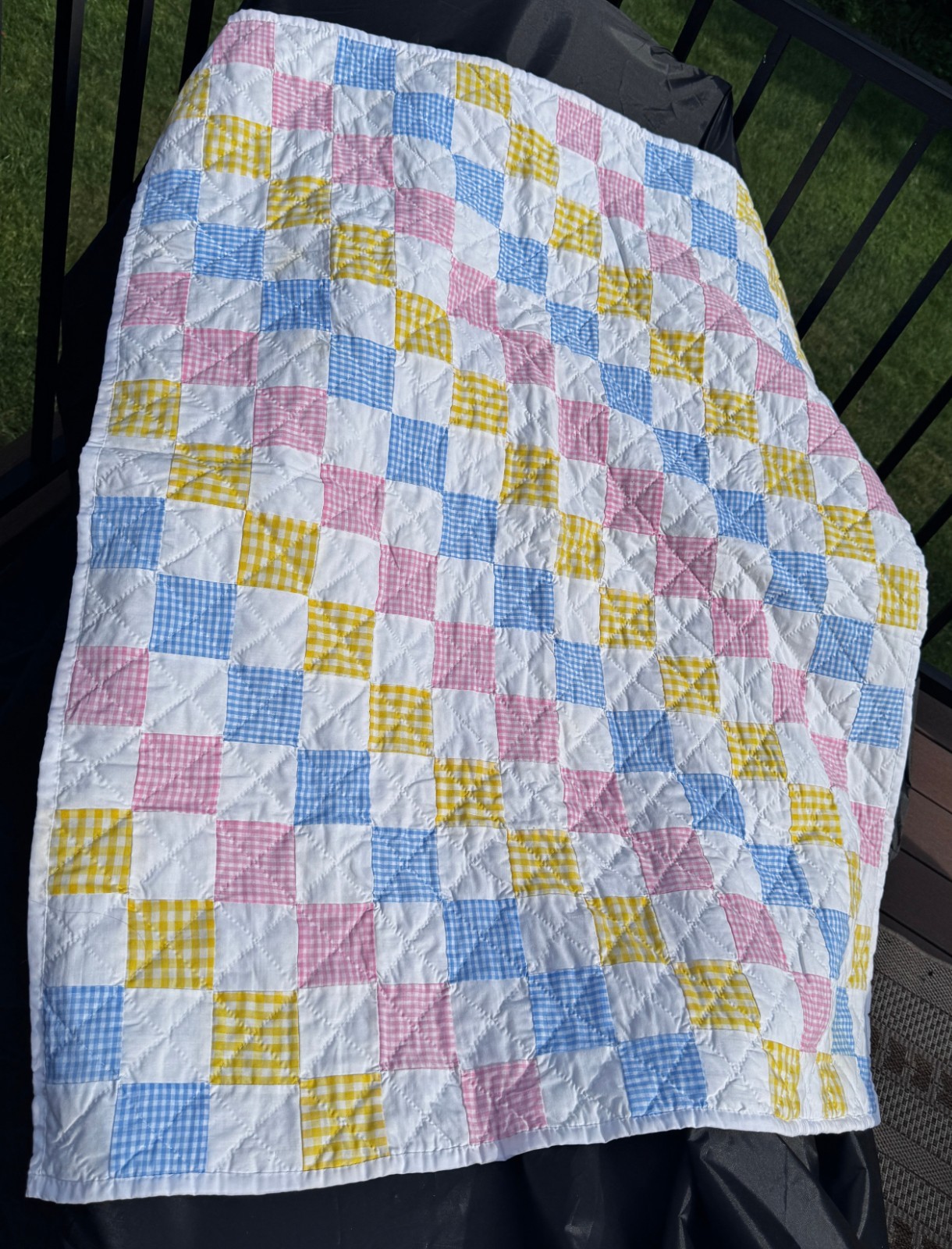 Handmade Vintage Patchwork Baby Quilt Pink Blue Yellow Gingham