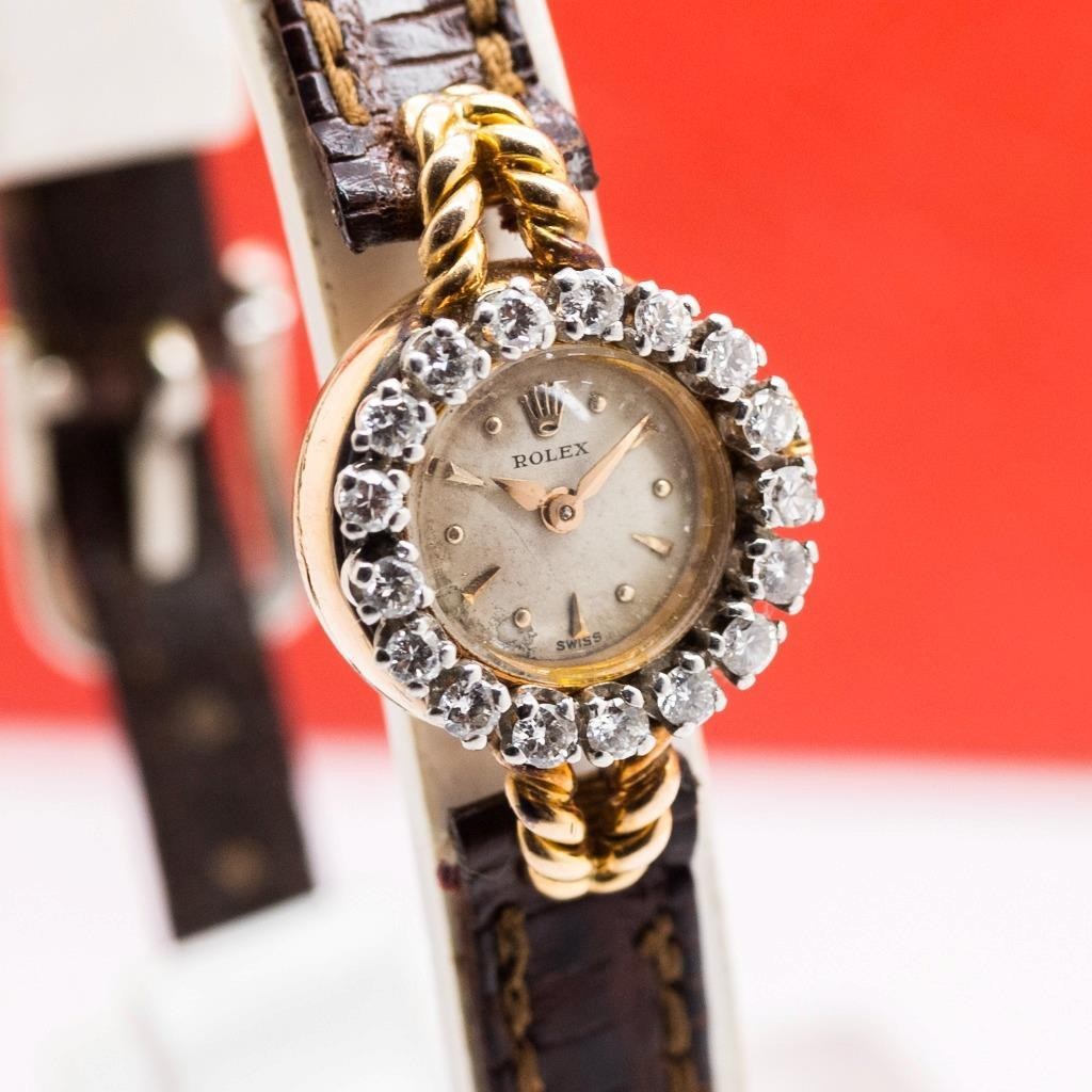 1950\'s Vintage ROLEX Diamond Bezel 18k Yellow Gold Manual Wind Ladies Watch 16mm