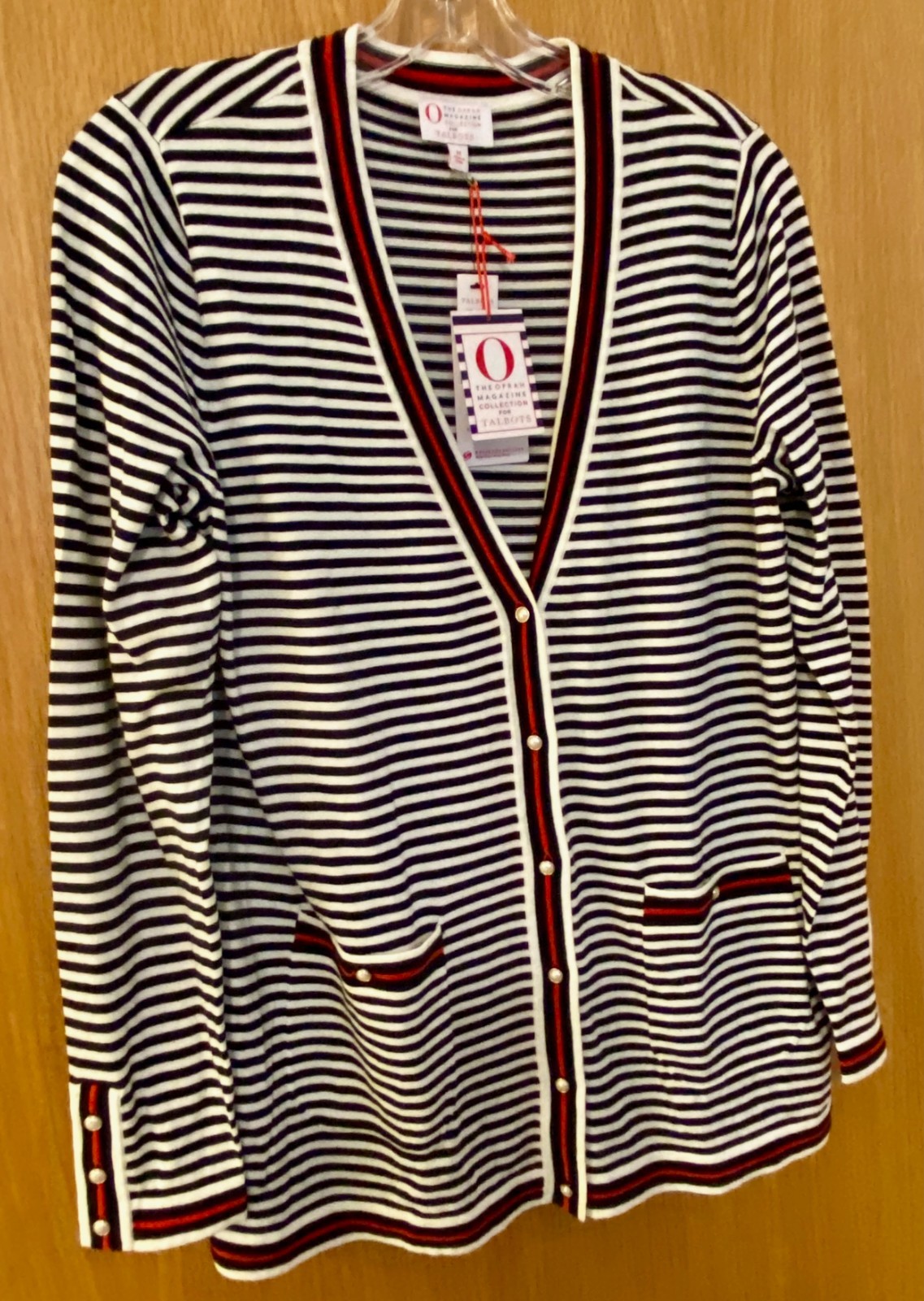 TALBOTS Cream Black Red Stripe Cotton Cardigan M $90 NWT