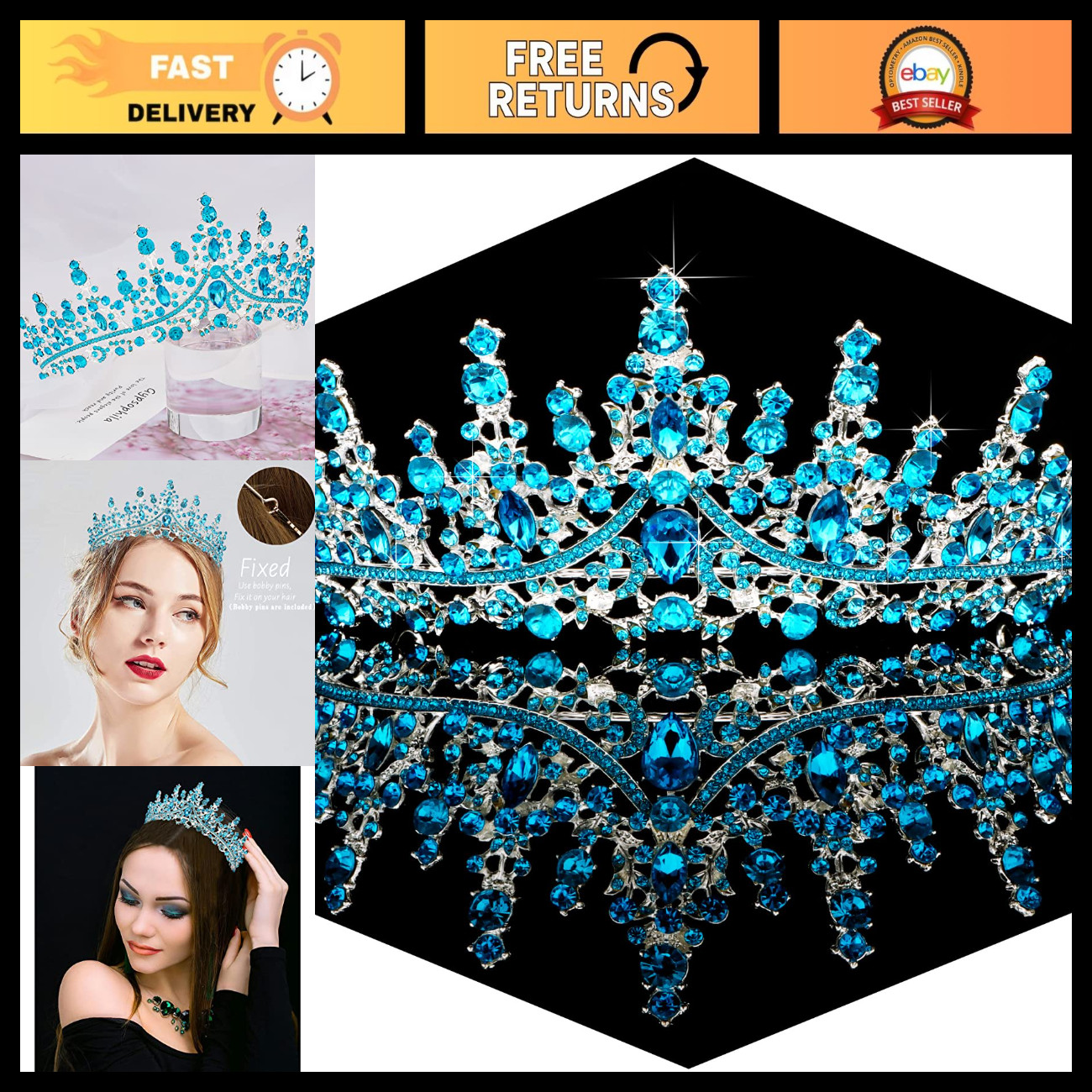 Elegant Sky Blue Crystal Tiara Crown for Weddings, Prom, Quinceanera, Parties