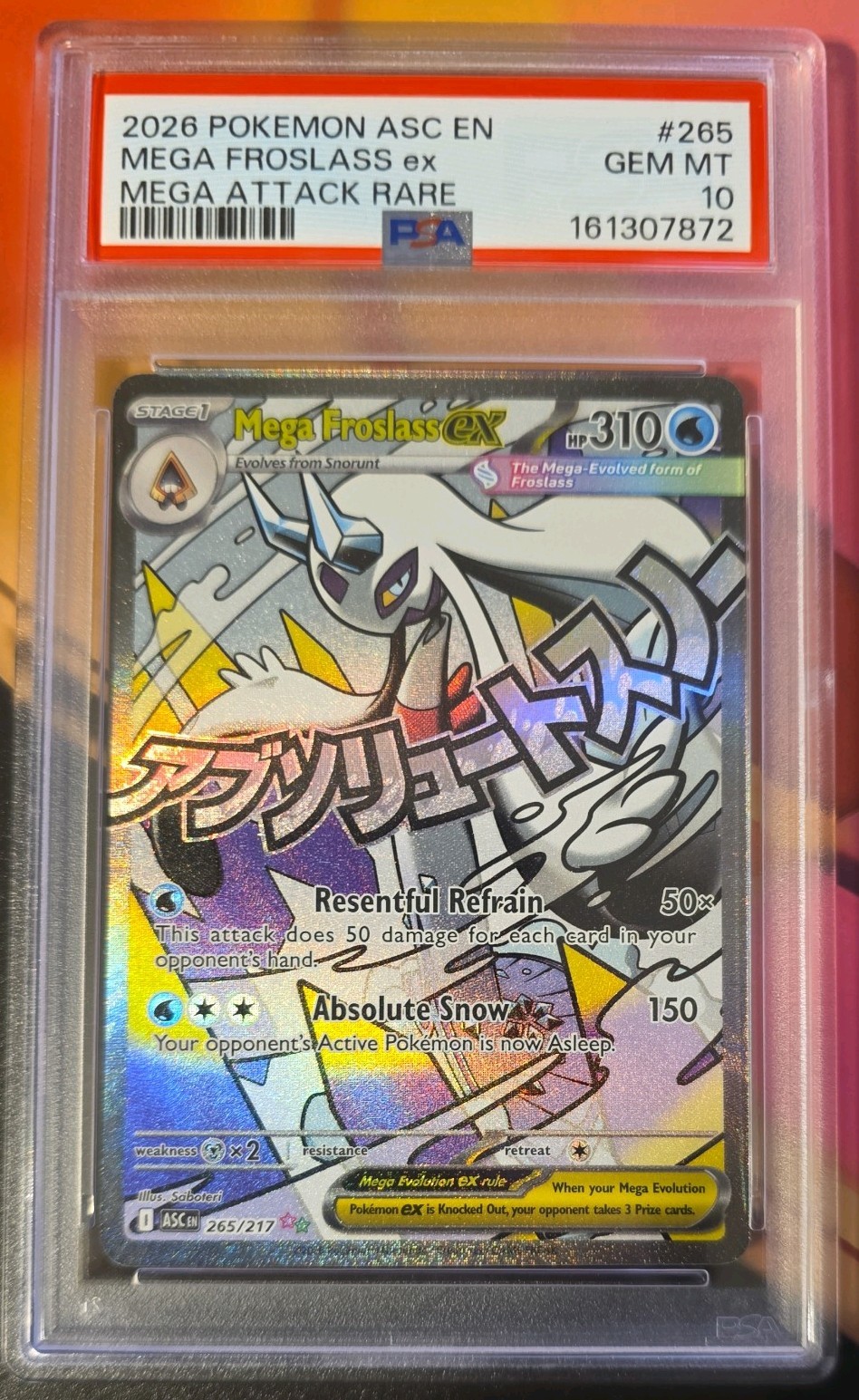 Mega Froslass ex 265/217 Ascended Heroes Holo (Mega Attack Rare) PSA 10 Mega Froslass ex 265/217 Ascended Heroes Holo (Mega Attack Rare) PSA 10