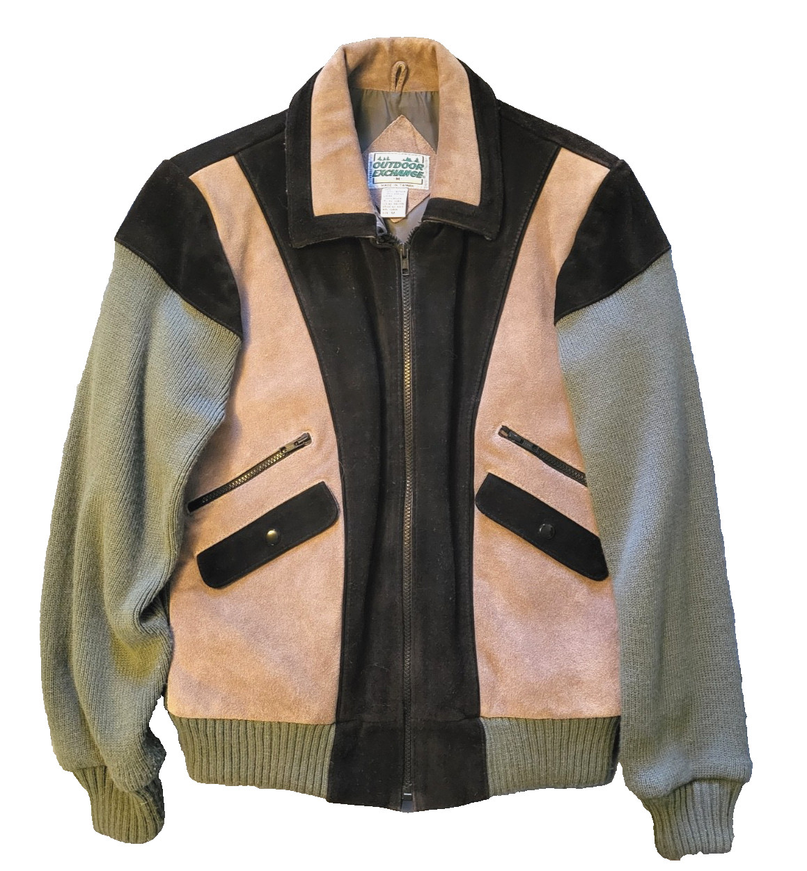 Vintage 80s OutdoorExchange Suede Leather Knit Bomber Jacket Mens M, 2-toned Brn Vintage 80s OutdoorExchange Suede Leather Knit Bomber Jacket Mens M, 2-toned Brn