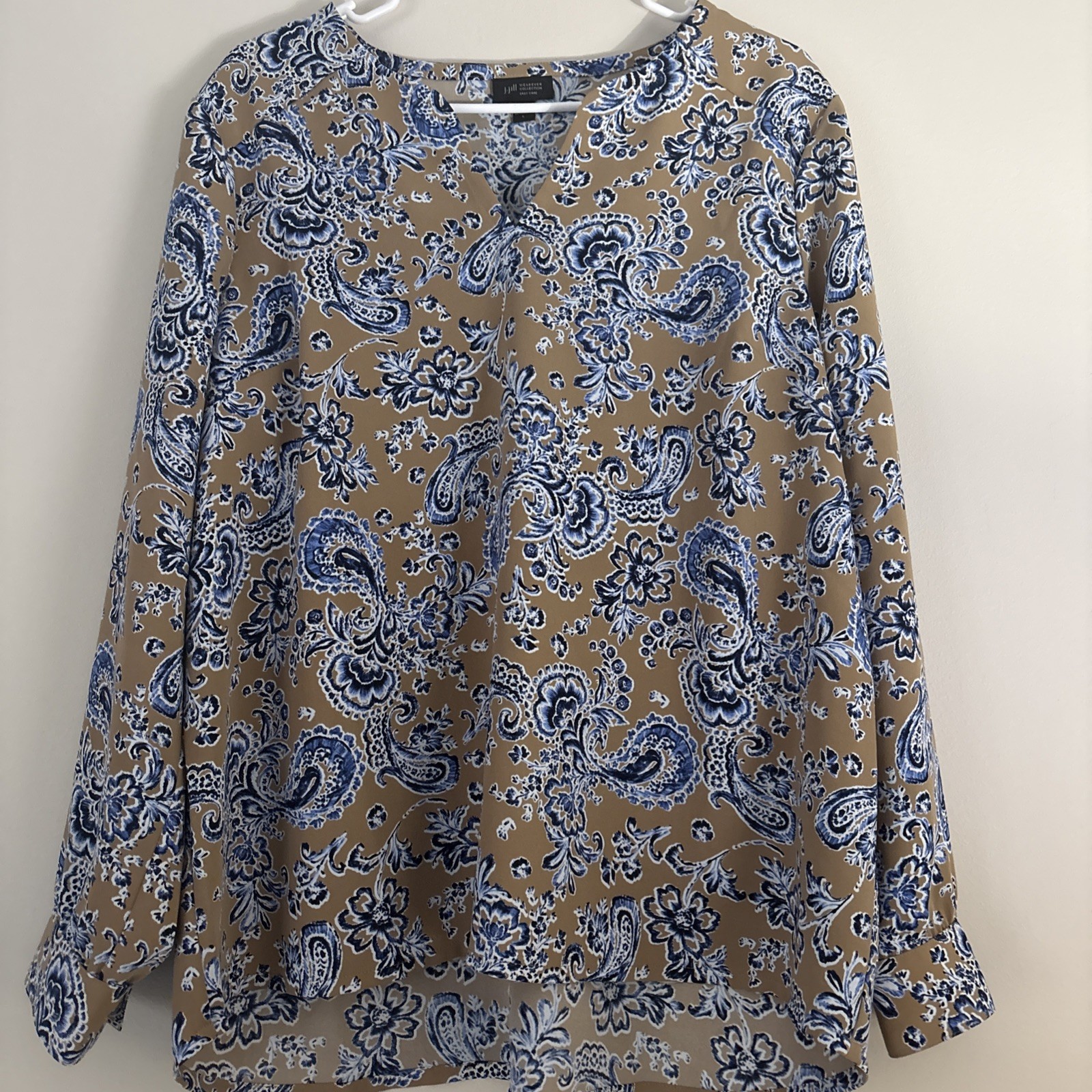 J. Jill Blue Paisley Split Neck Tunic Blouse Womens Large Long Sleeve