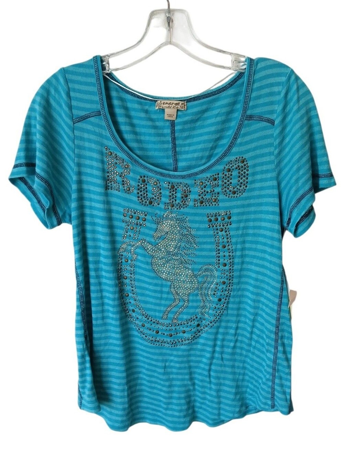 Energe Teal Striped Rodeo Rhinestone Top NWT Energe Teal Striped Rodeo Rhinestone Top NWT