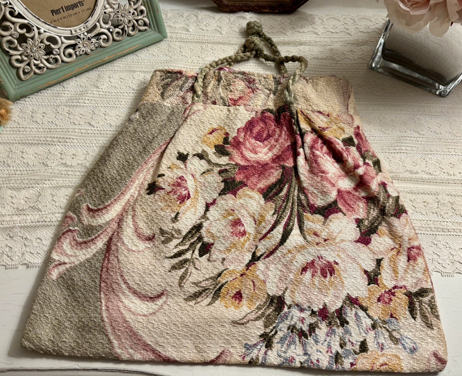 Vintage Barkcloth Cottage Pink Roses Floral Purse Bag Handmade Vintage Barkcloth Cottage Pink Roses Floral Purse Bag Handmade