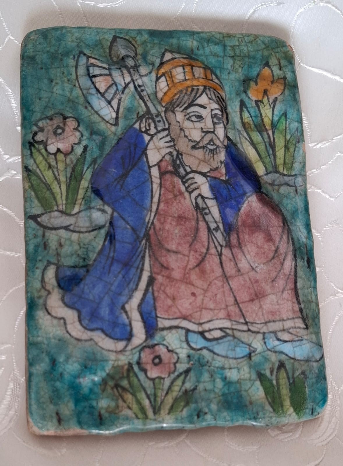 Antique 19th Century Qajar Pottery Tile – Depicting a Sufi Mystic with Tabarzin