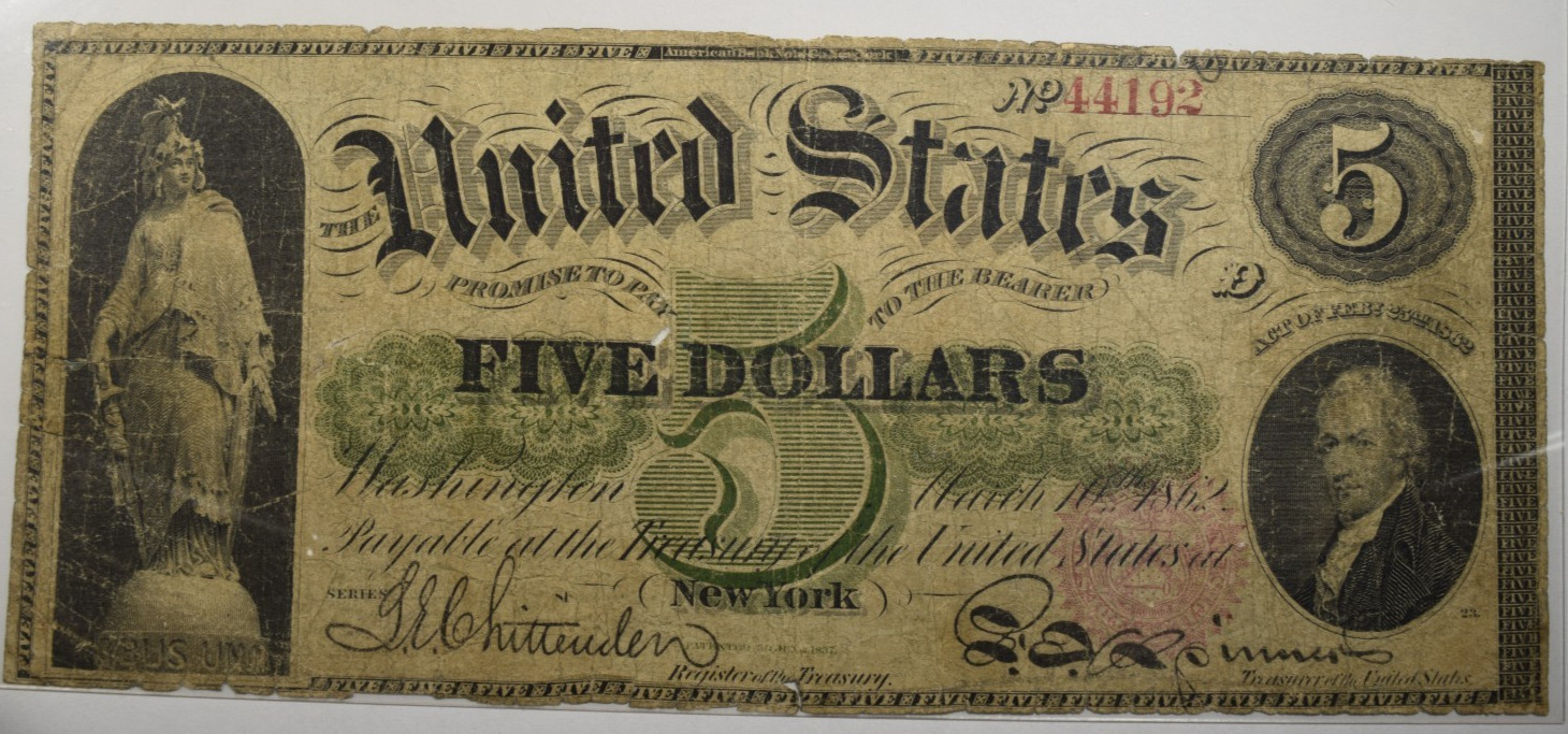 1862 $5 LEGAL TENDER ~ Fr61c ALEXANDER HAMILTON ~ FINE/VF DETAILS INV#192
