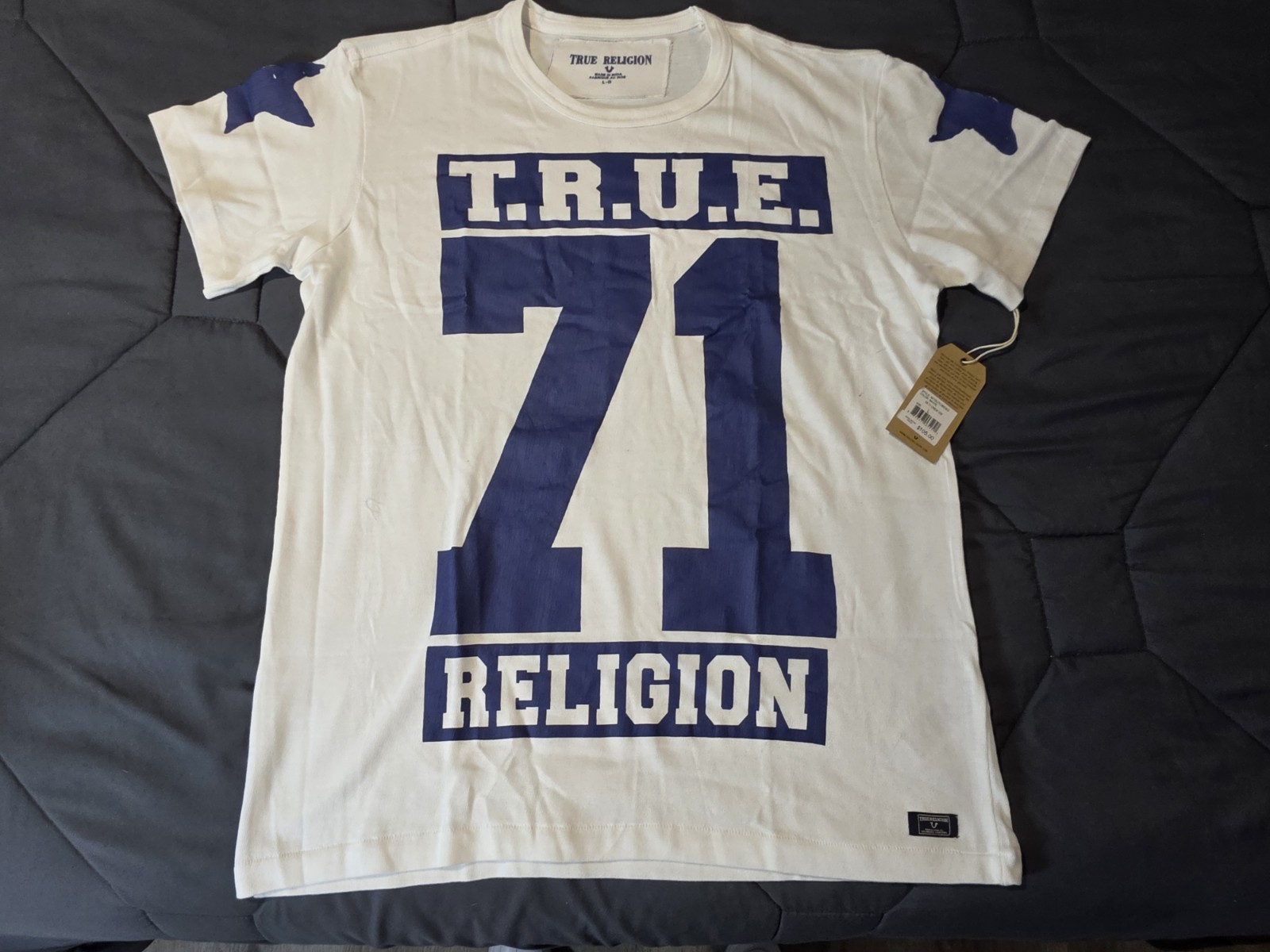 True Religion TR71 T Shirt Mens L White Blue 71 Stars NWT $105 Retail