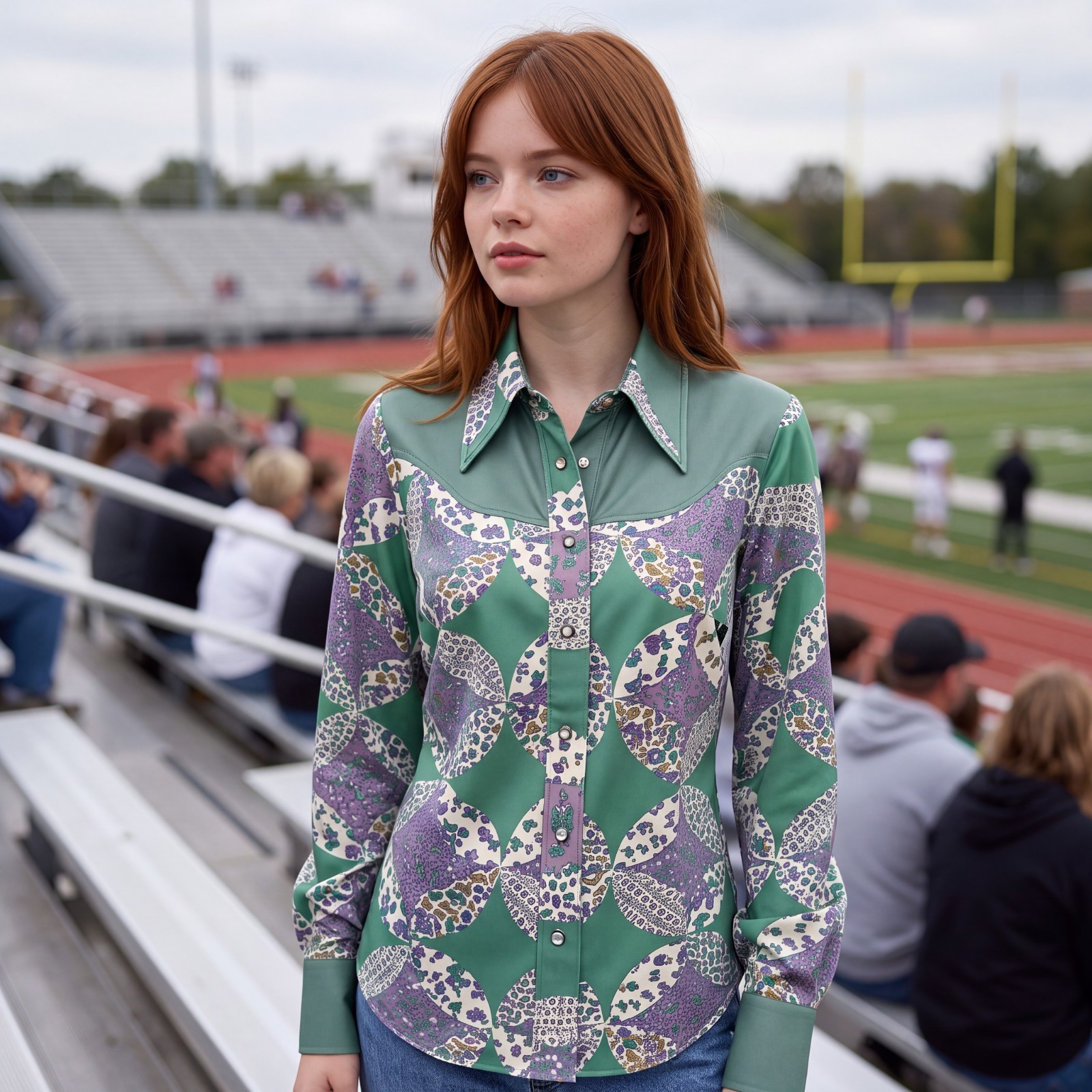 Green Patchwork Western Shirt Floral Snap Blouse 1970s Vintage Fenton Junior 36