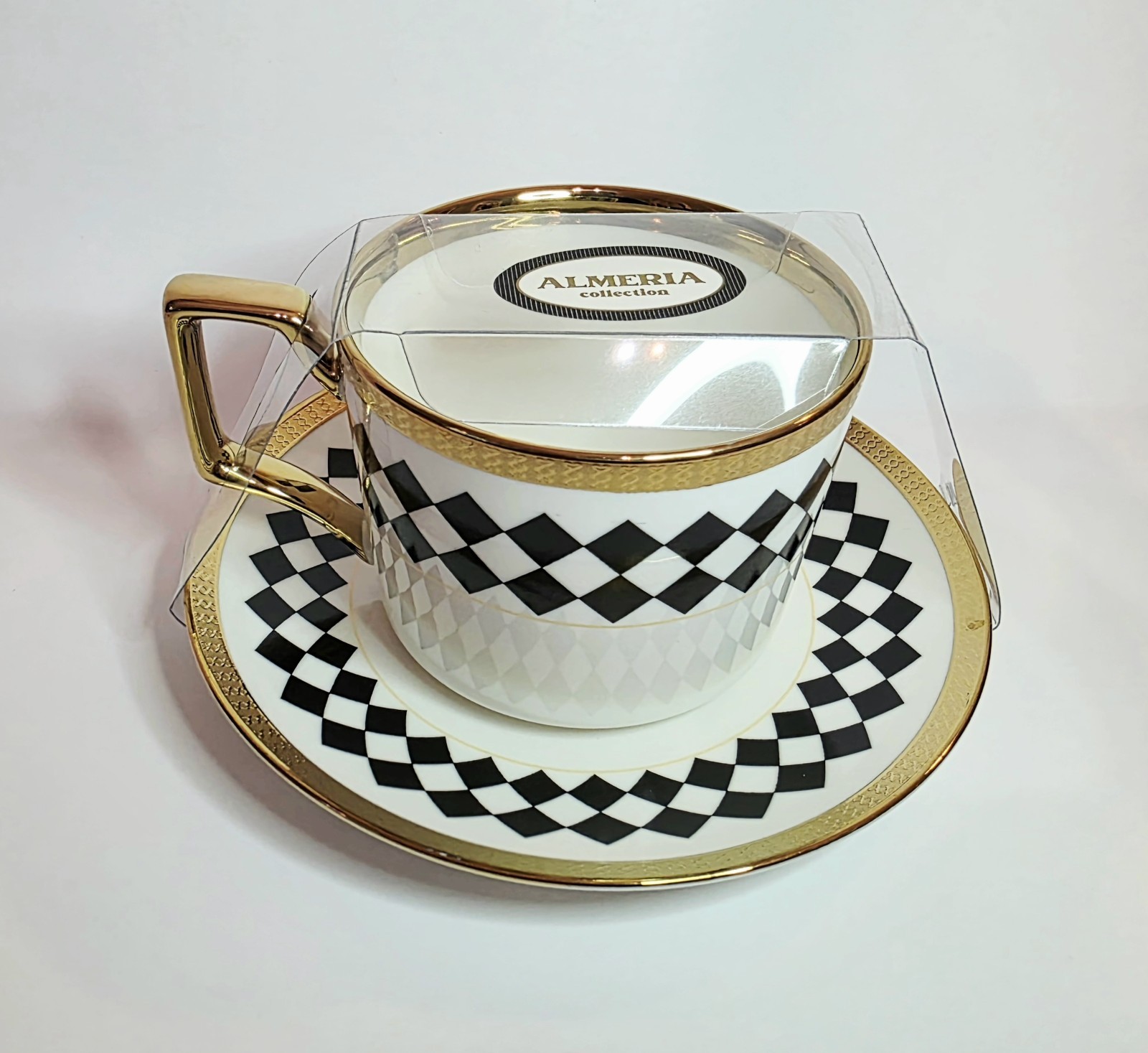 Almeria Collection Black White Harlequin Diamond Gold Trim Cup and Saucer Set