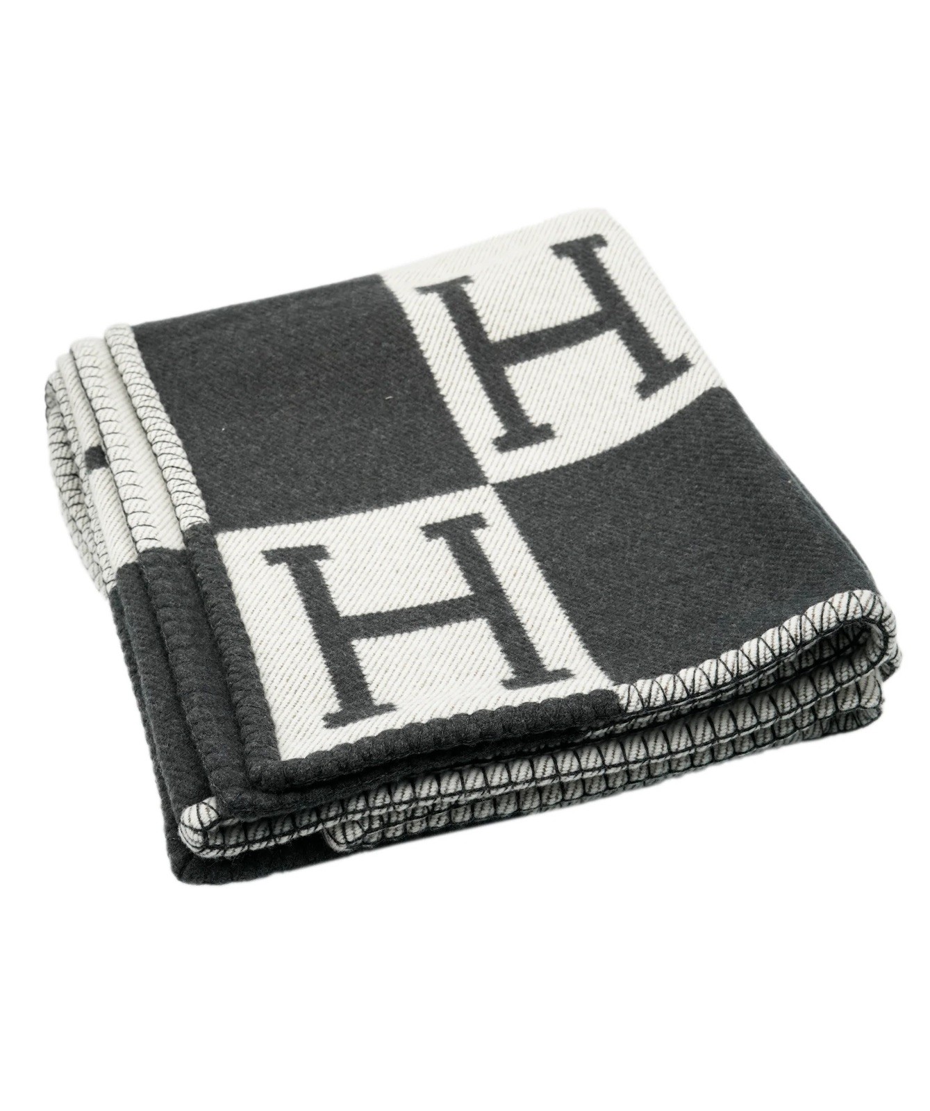 HERMÈS Wool Cashmere Avalon Blanket in Ecru Gris Fonce- Black/Cream- Fast Ship✅ 