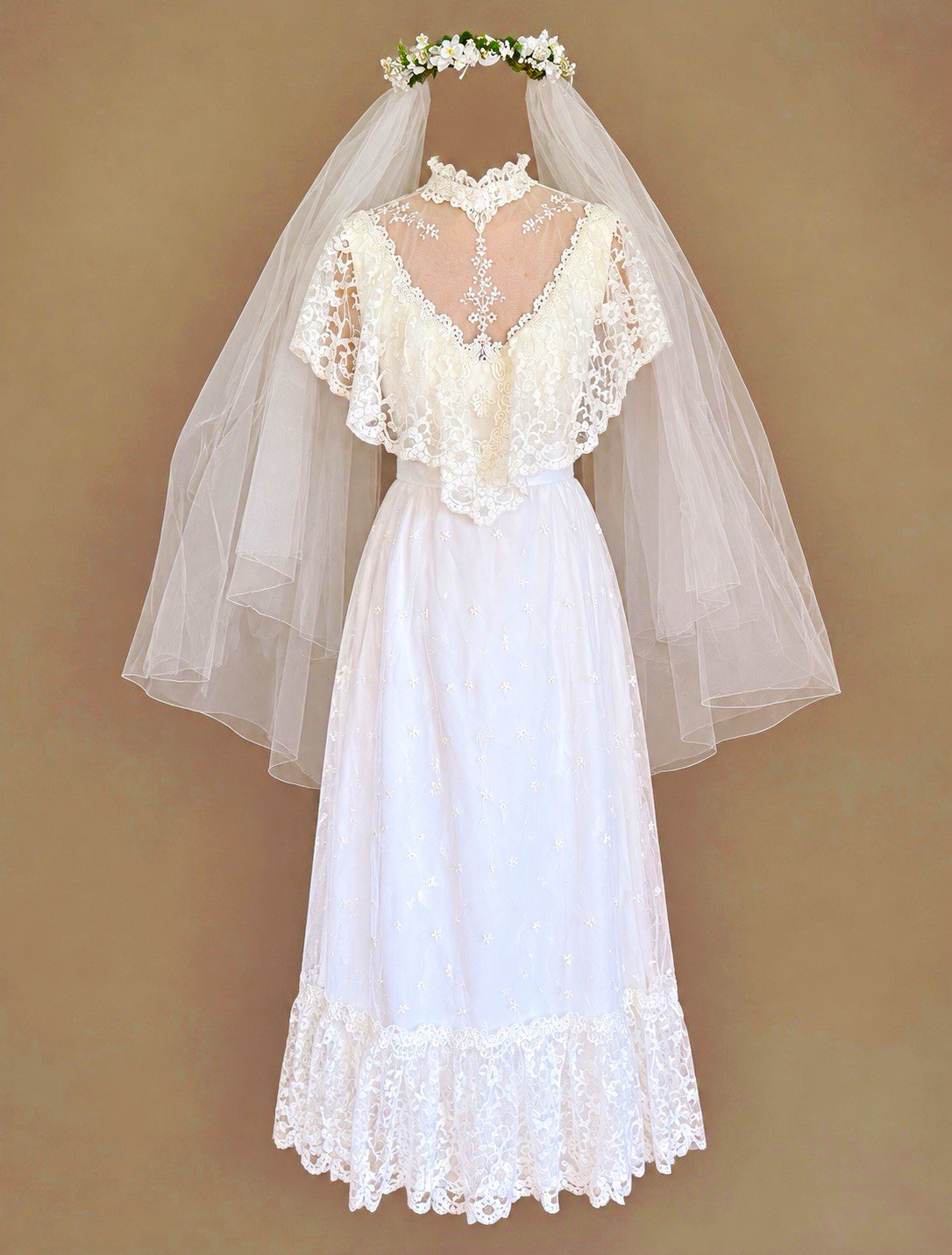 Vintage 70s Alfred Angelo Prairie Wedding Dress Edwardian Illusion Lace Ruffle