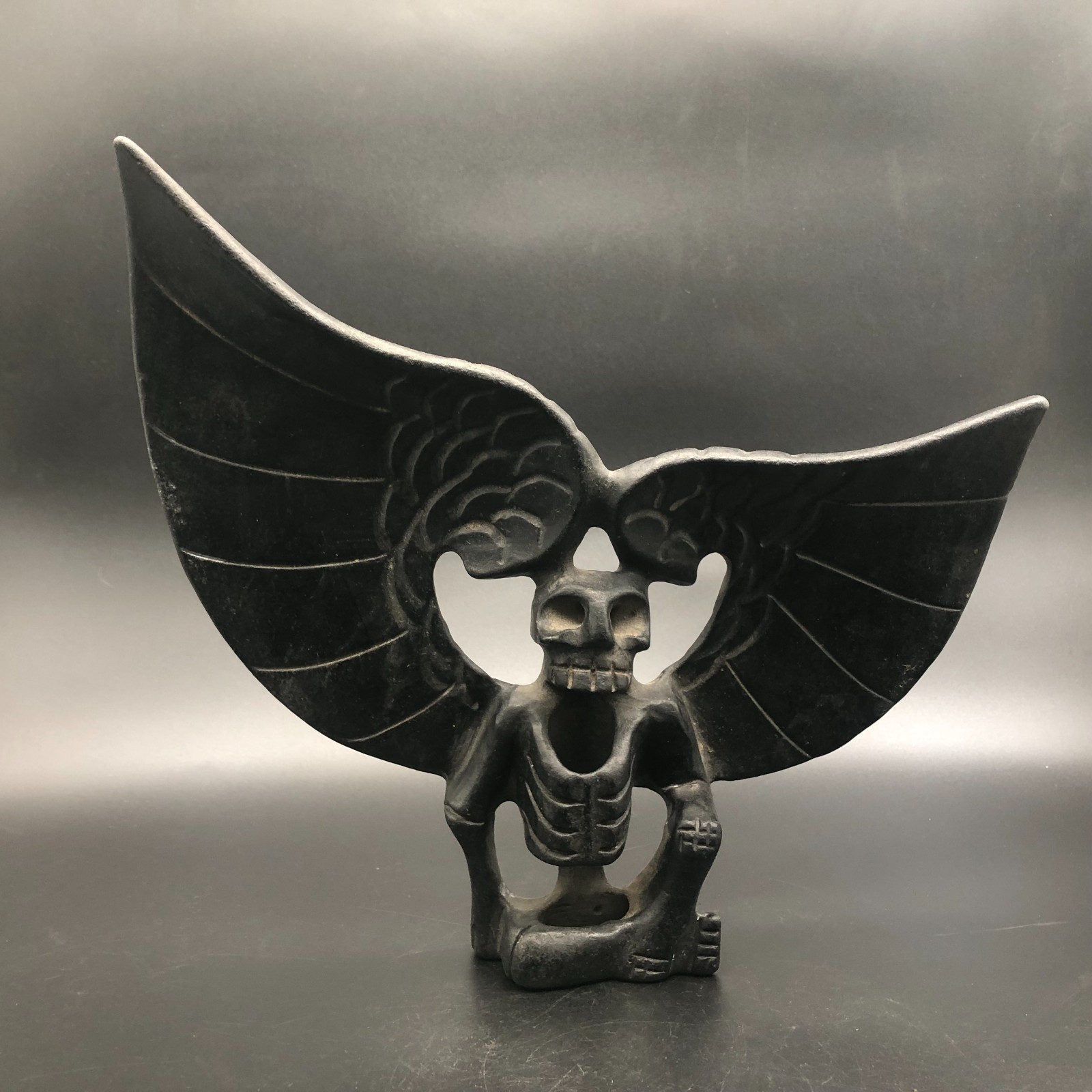 Old HongShan Culture Meteorite Jade Carved Wing Skull Person skeleton Statue