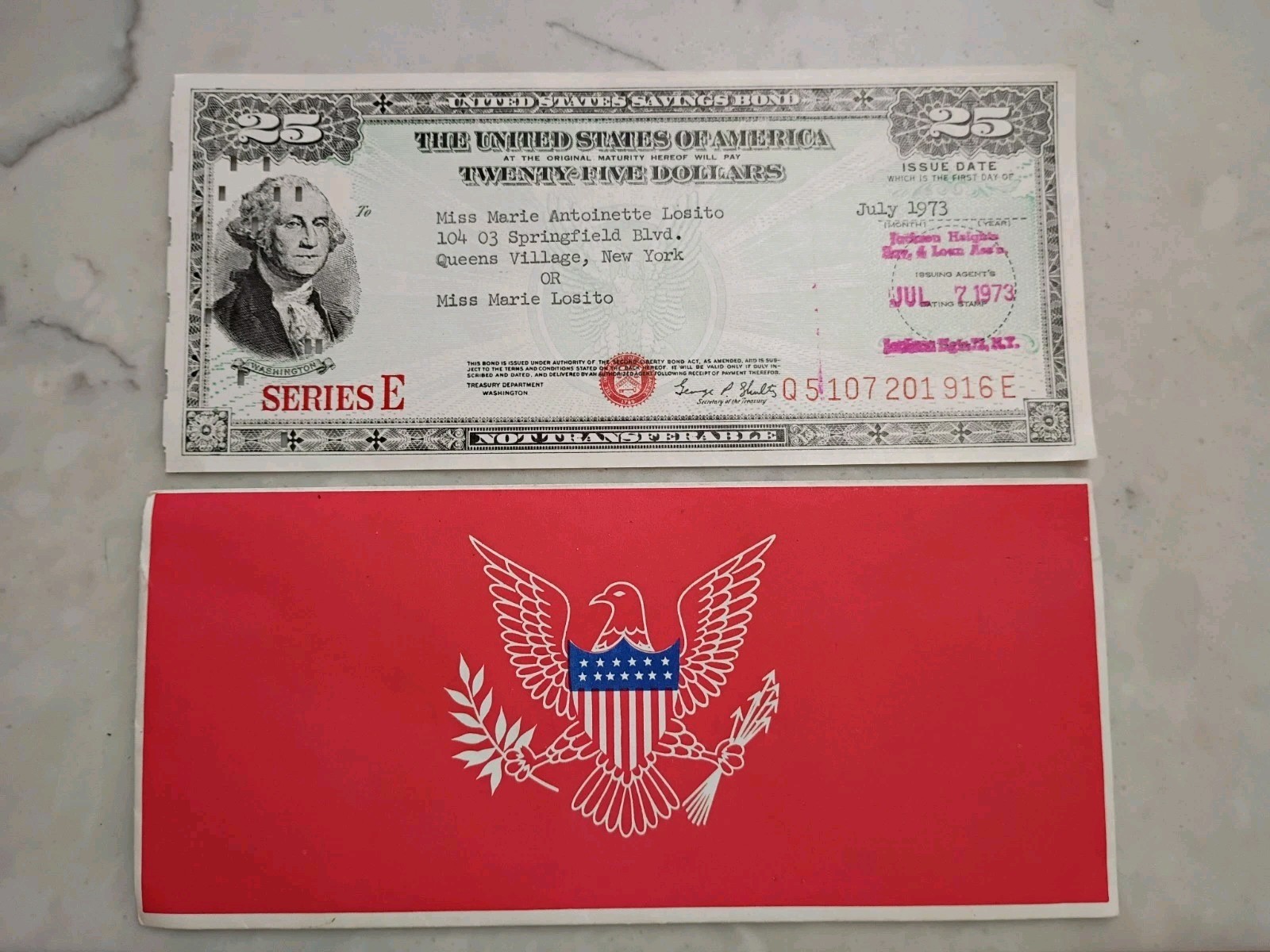 Vintage $25 U.S. Savings Bond Series E 1973 W/Orig Envelope NICE