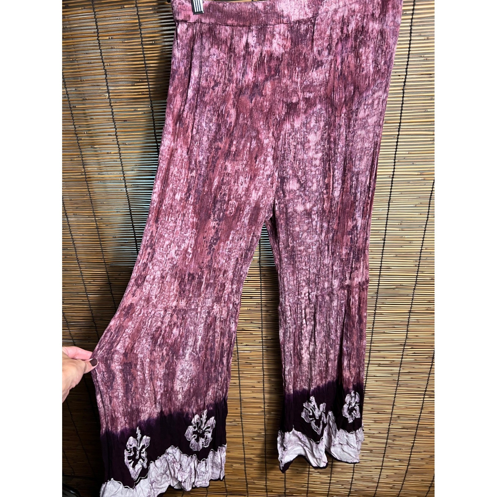 Raya Sun Purple Tie Dye Crinkle Gauze Wide Leg Boho Pants XL Floral Ruffle Hem Raya Sun Purple Tie Dye Crinkle Gauze Wide Leg Boho Pants XL Floral Ruffle Hem