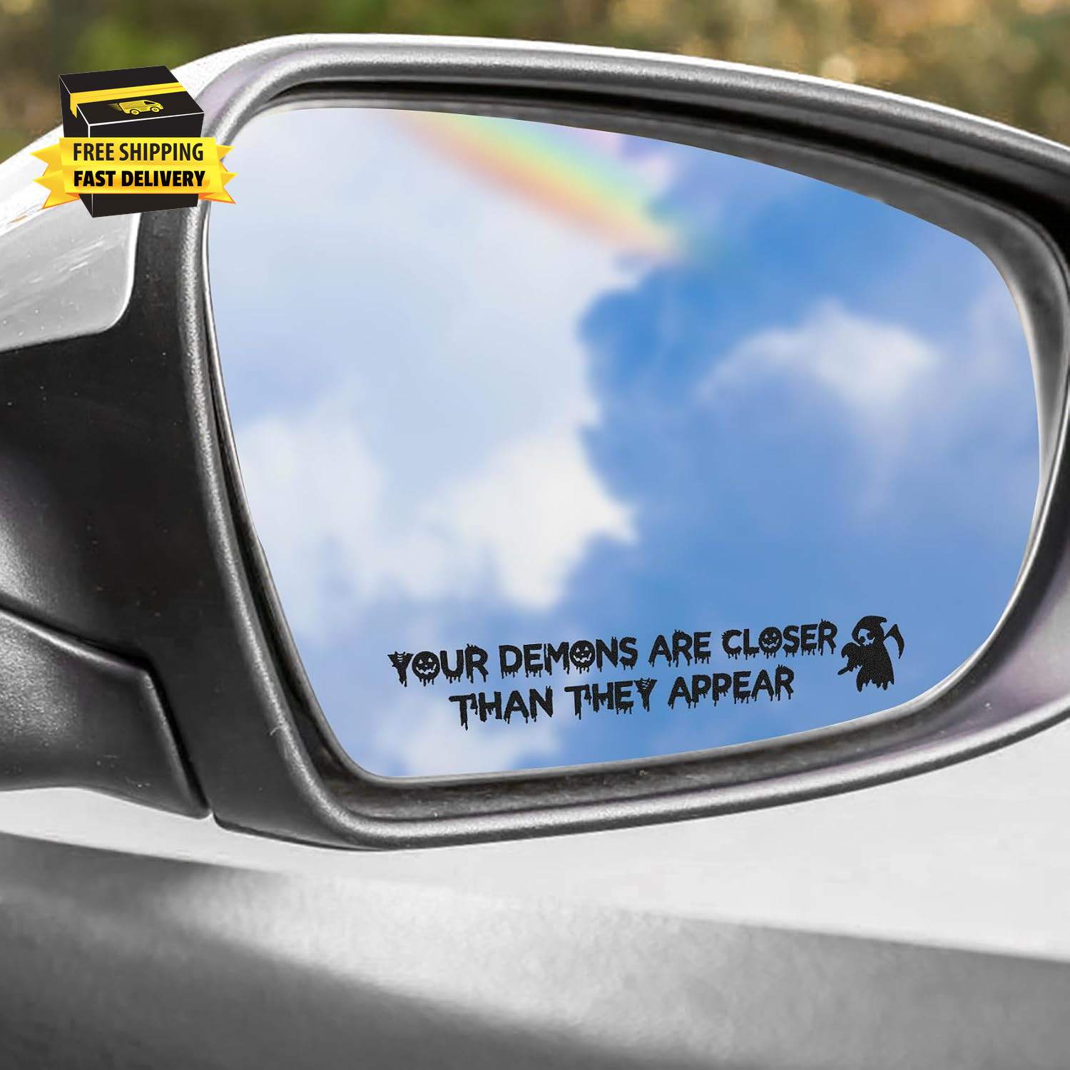 2PCS Funny Halloween Vanity Mirror Stickers, Gothic Car Accessories, Your Demons