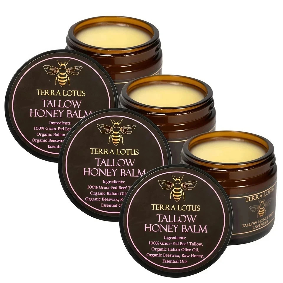 3PC Organic Grass-Fed Beef Tallow Balm with Raw Honey Lavender Skin Moisturizer