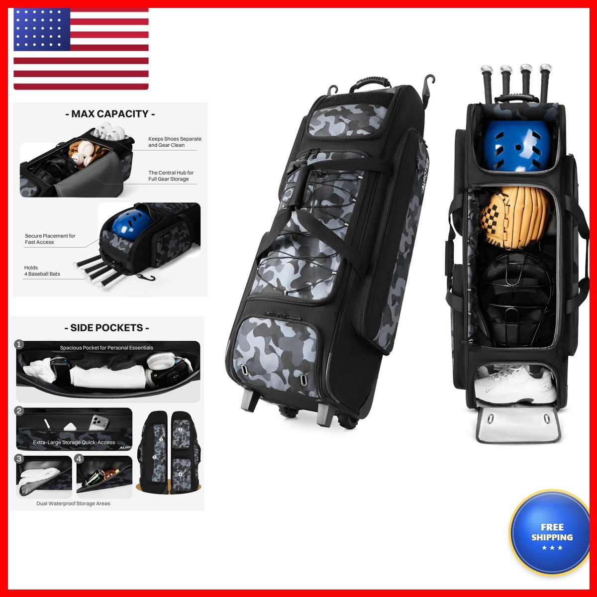 AUROTIER Large Rolling Baseball Catchers Gear Bag Wheels, Wheeled Softball Bag AUROTIER Large Rolling Baseball Catchers Gear Bag Wheels, Wheeled Softball Bag