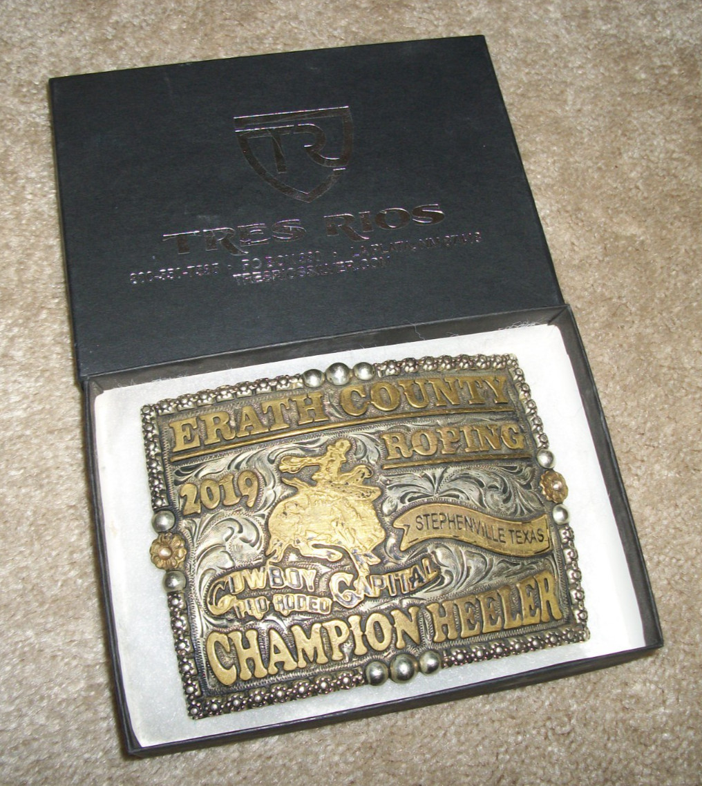 2019 Erath Rodeo Roping Champion Heeler Tres Rios Silver Trophy Belt Buckle 2019 Erath Rodeo Roping Champion Heeler Tres Rios Silver Trophy Belt Buckle