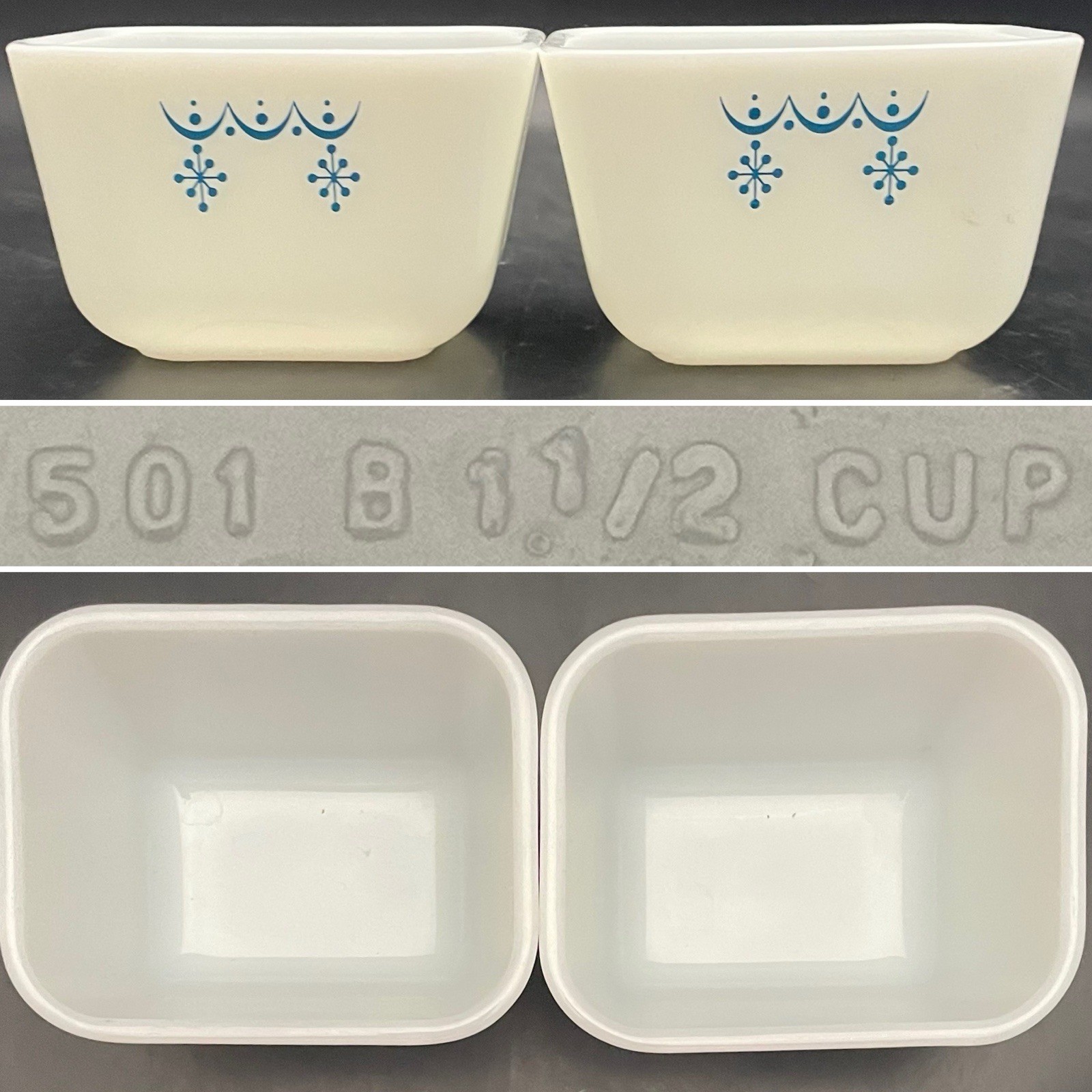 Pyrex 2pc Snowflake Blue aka Snowflake Garland 501 Refrigerator Dishes 1972-1975