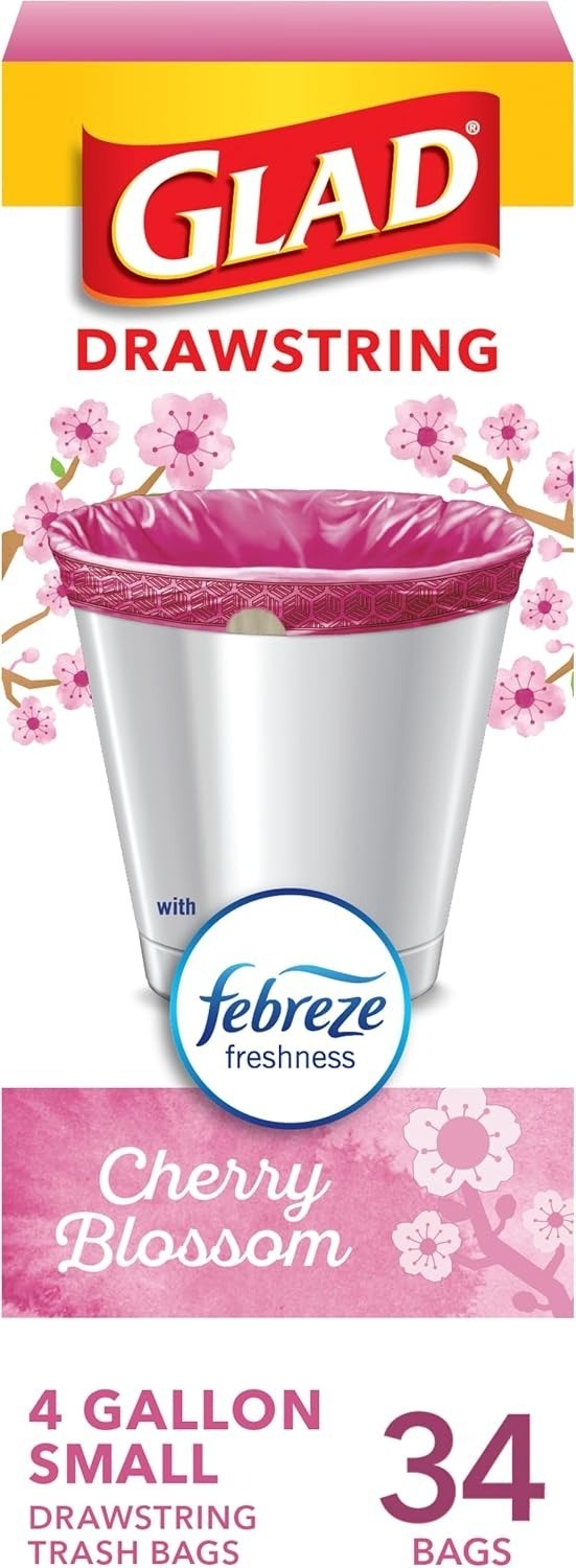 Glad Small Trash Bags 4 Gallon, Febreze Cherry Blossom Garbage Bags, Odor Resist