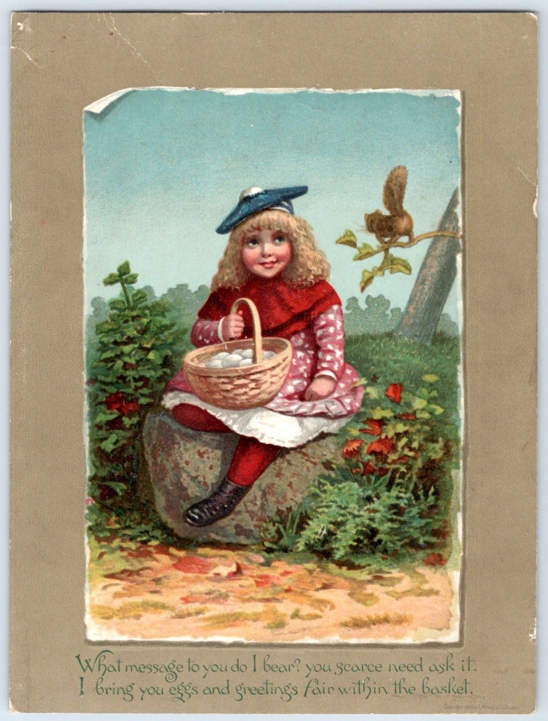 1883 L. PRANG LARGE EASTER CARD GIRL EGG BASKET SQUIRREL ANTIQUE VICTORIAN