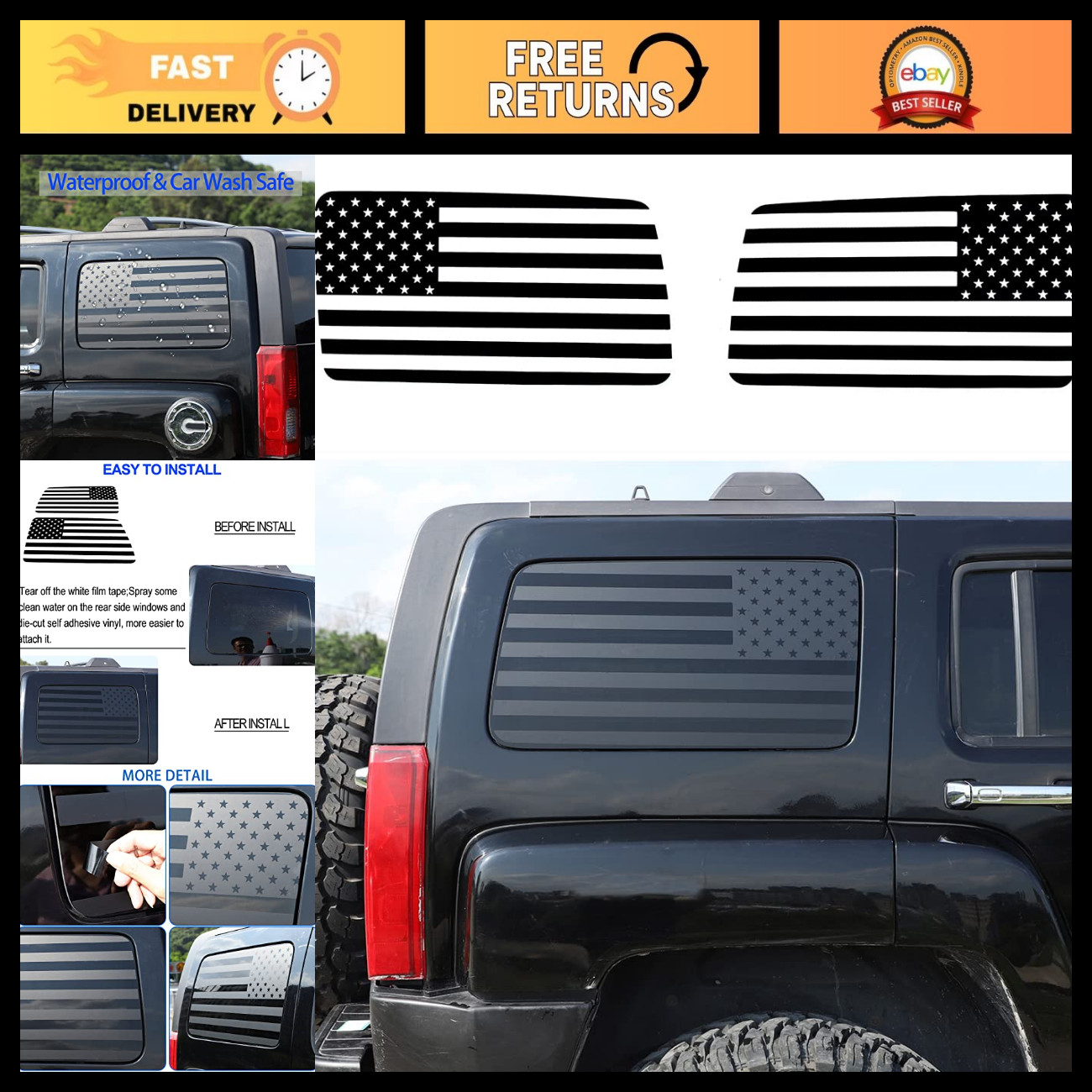 American Flag Decals for Rear Side Windows, Compatible with Hummer H3, 2Pcs Blac American Flag Decals for Rear Side Windows, Compatible with Hummer H3, 2Pcs Blac