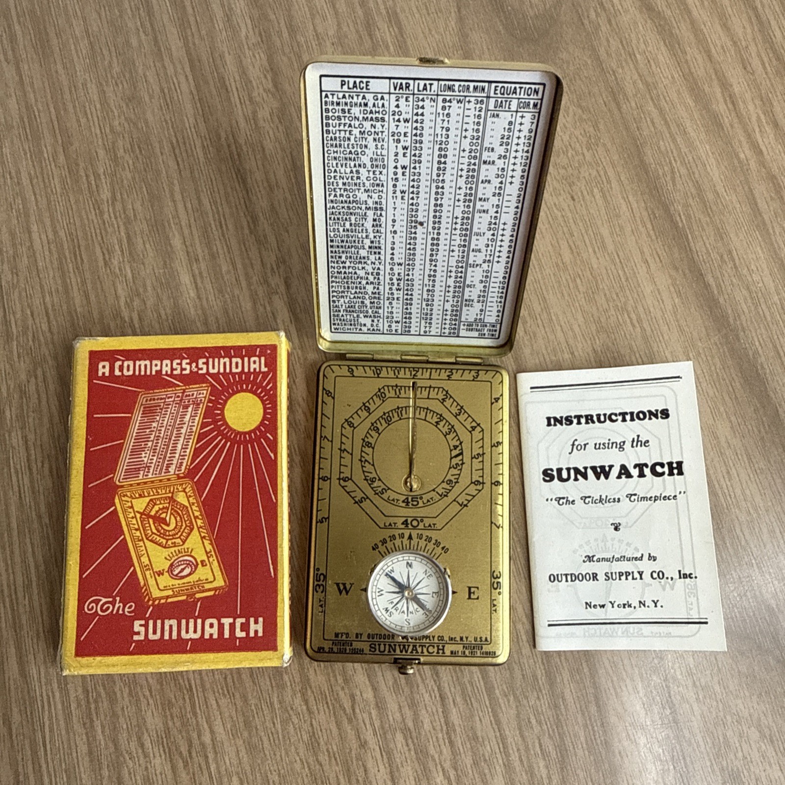 Antique Brass Sunwatch And Compass By Outdoor Supply Co 1920s Original box/inst Antique Brass Sunwatch And Compass By Outdoor Supply Co 1920s Original box/inst