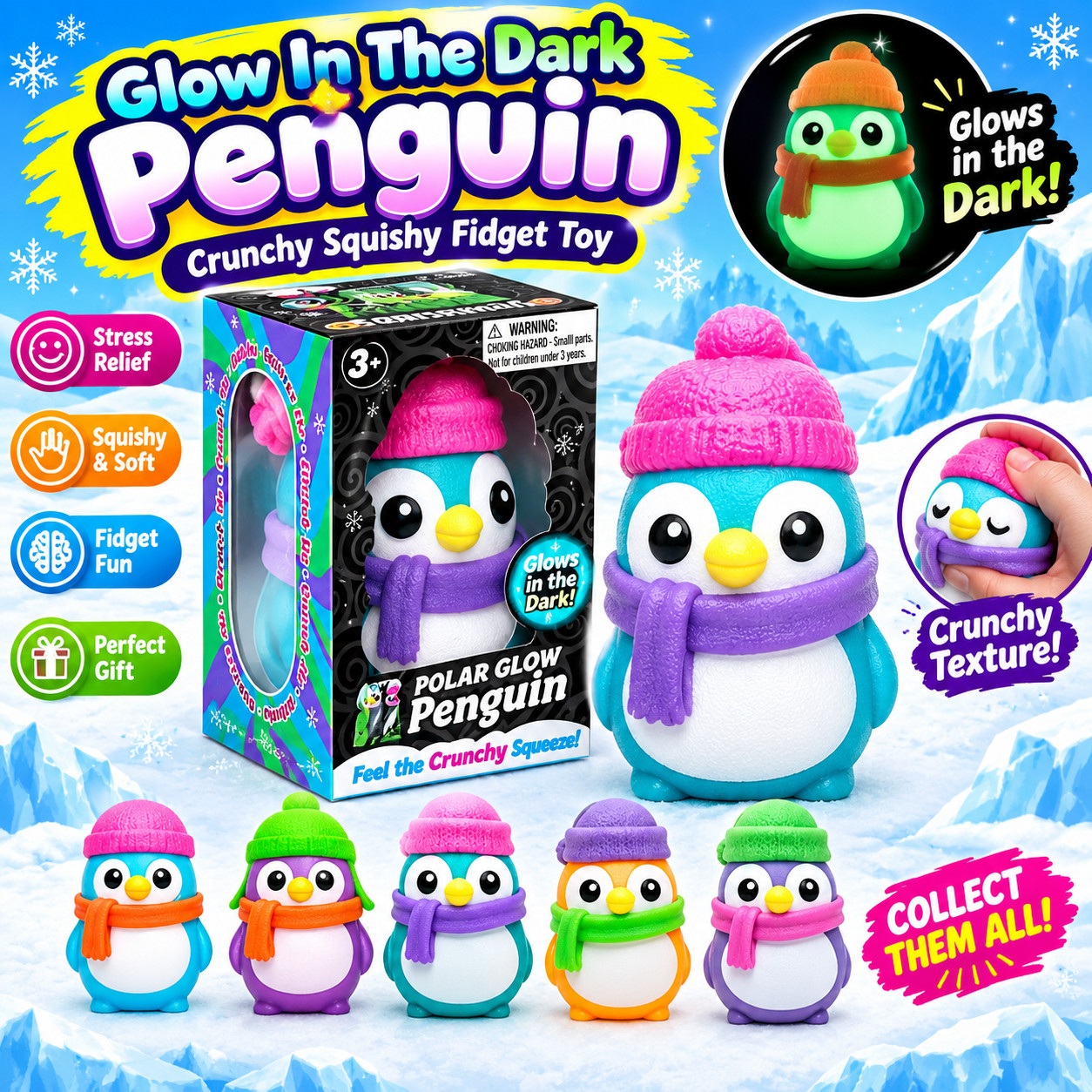 NeeDoh Halloween Glow In The Dark Arctic Penguin Crunchy Squishy Fidget Toy