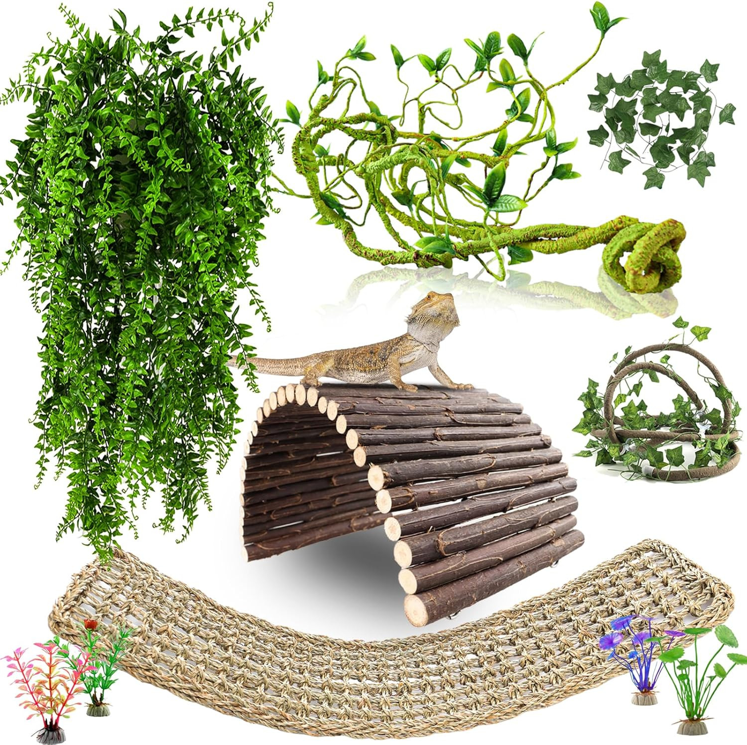 10Pcs Bearded Dragon Tank Accessories, Reptile Hammock Plants Bridge Jungle Clim 10Pcs Bearded Dragon Tank Accessories, Reptile Hammock Plants Bridge Jungle Clim