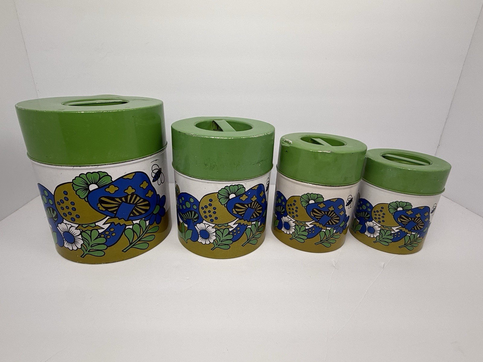 Vintage Rare MCM Mushroom Butterfly Bee Canister Set Of 4 Made In Japan Vintage Rare MCM Mushroom Butterfly Bee Canister Set Of 4 Made In Japan