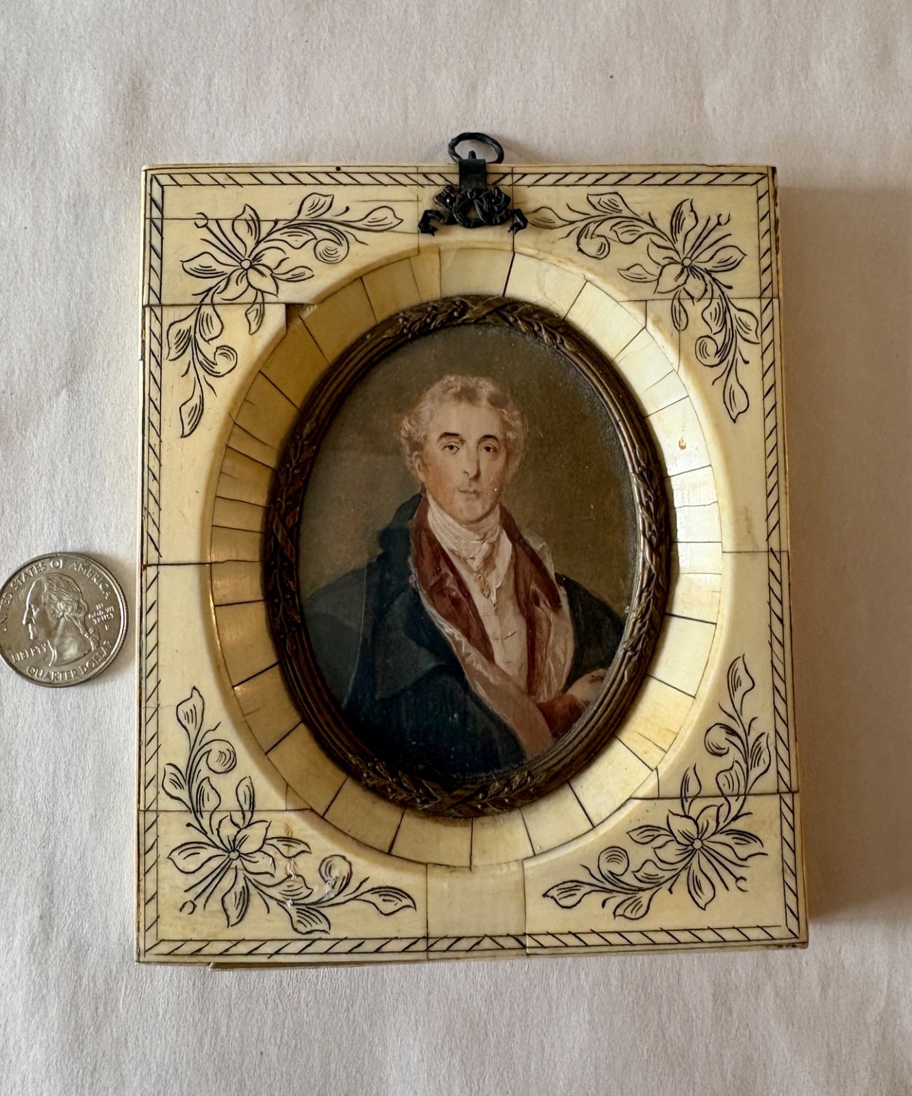 Antique 19TH Century EUROPEAN Painted Miniature Portrait in Faux Ivory Frame Antique 19TH Century EUROPEAN Painted Miniature Portrait in Faux Ivory Frame