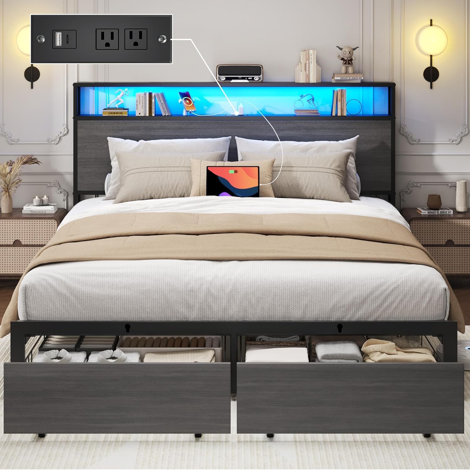 Queen Full Size Bed Frame with Storage Headboard &Charging Station& LED Lights Queen Full Size Bed Frame with Storage Headboard &Charging Station& LED Lights