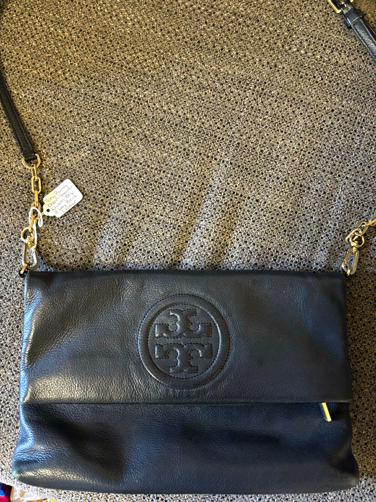 Tory Burch Black bombe pebbled Leather foldover Handbag Gold Hardware Zip Tory Burch Black bombe pebbled Leather foldover Handbag Gold Hardware Zip