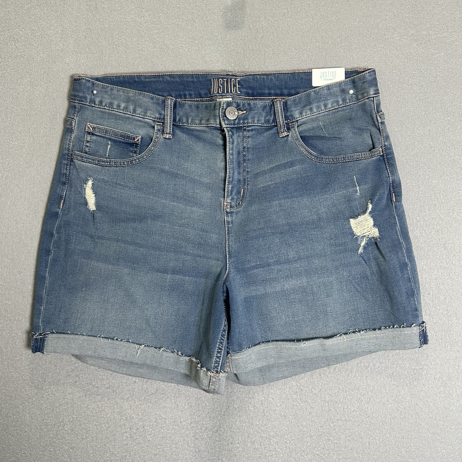 Justice Girls 22 Plus Blue Midi Denim Shorts Stretch Cuffed Distressed 32x6 Justice Girls 22 Plus Blue Midi Denim Shorts Stretch Cuffed Distressed 32x6