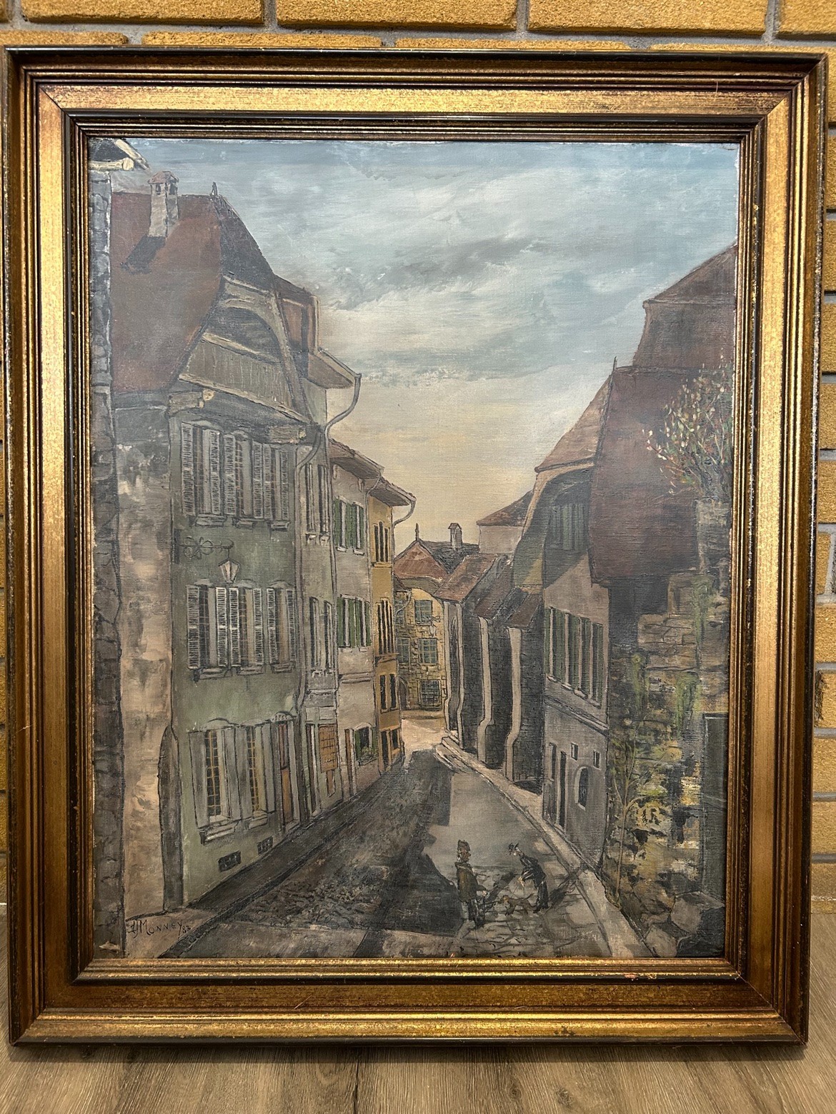 Vintage Signed Oil Painting H. Monney 1983 Old Town Street Scene Framed 55x70cm