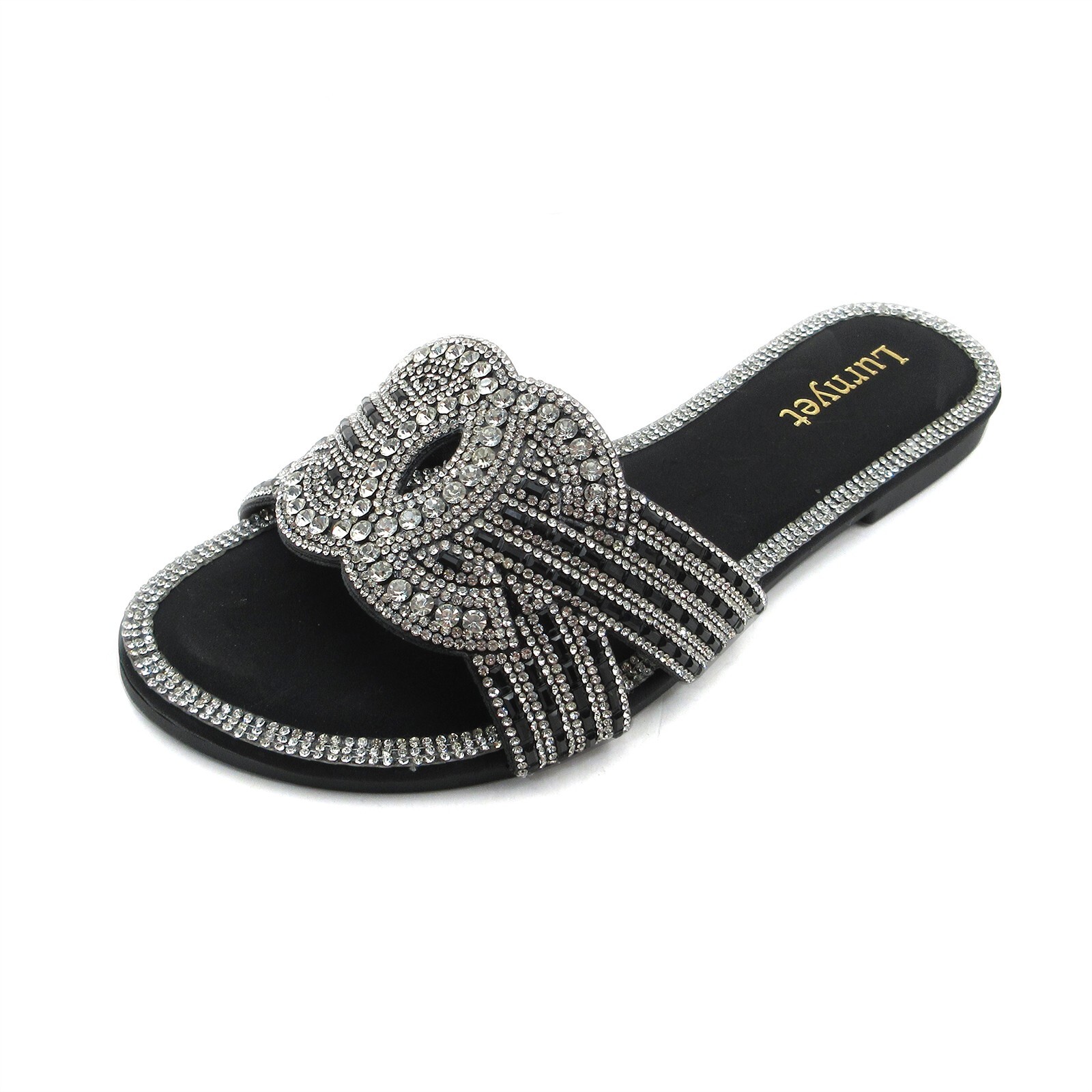 Lurnyet Women\'s Comfort Cushion Crystal Rhinestone Slide Flat Slip-On Sandals