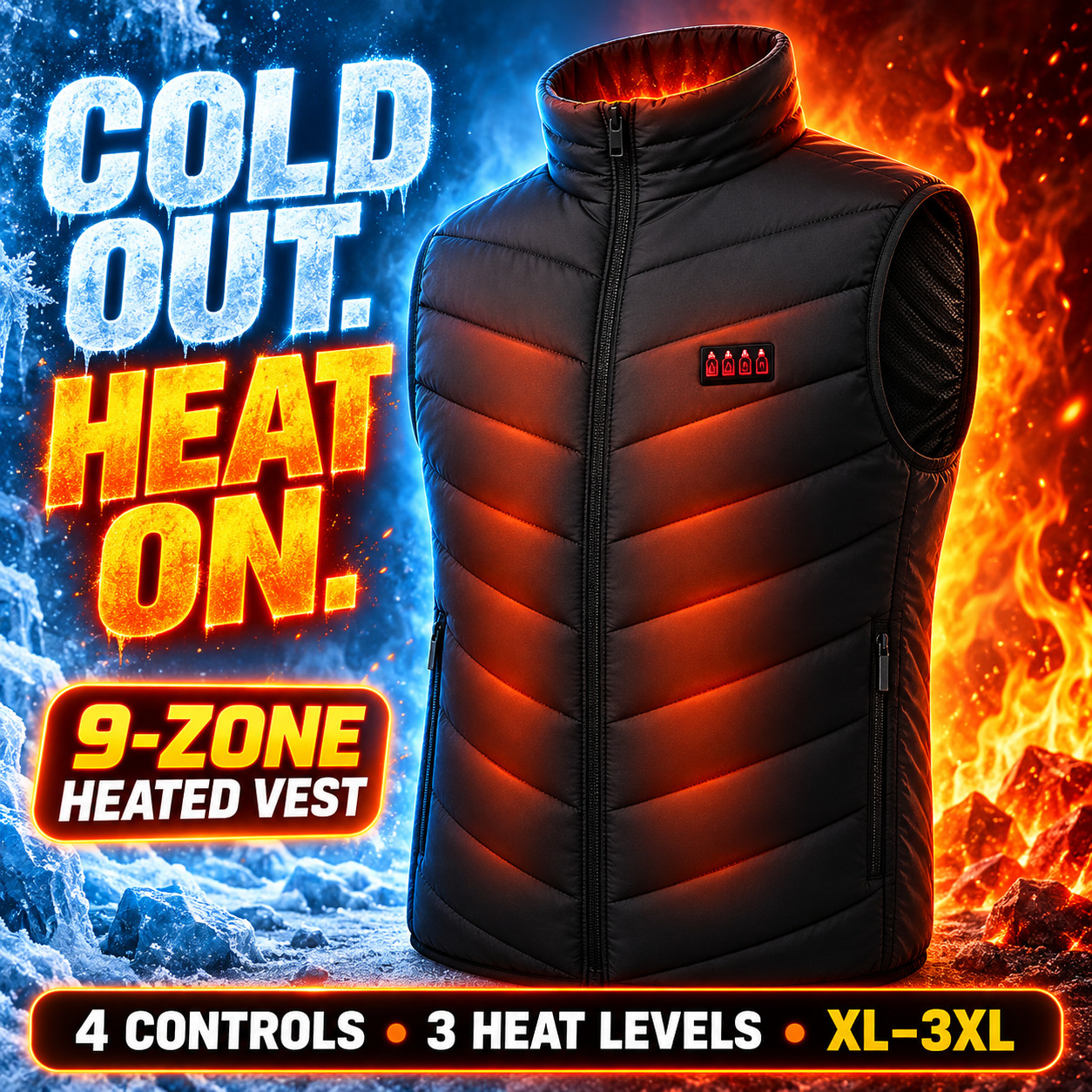 Men's 9-Zone USB Heated Vest Black 3 Heat Settings Thermal Gilet XL-3XL