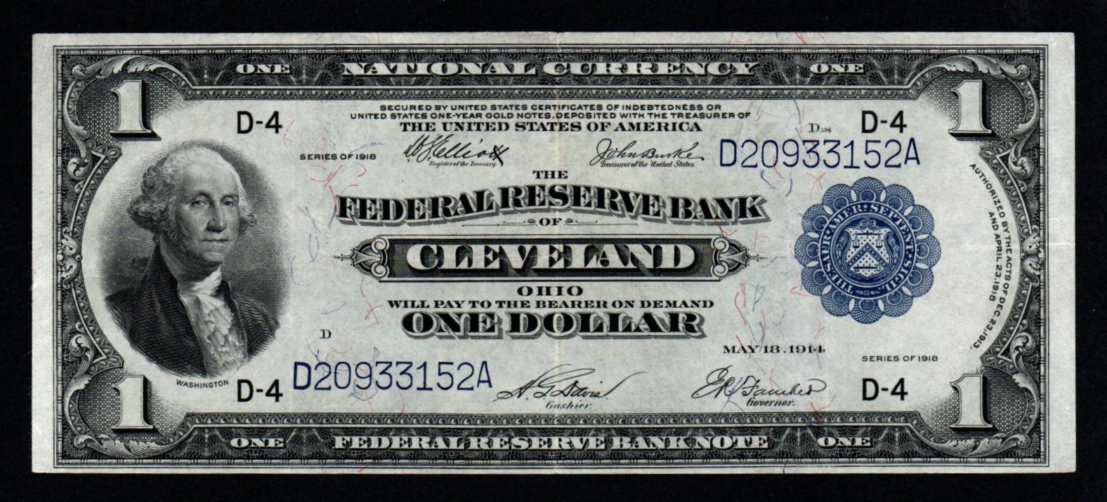 1918 $1 LARGE Size CRISP XF+ CLEVELAND Federal Reserve Bank Note
