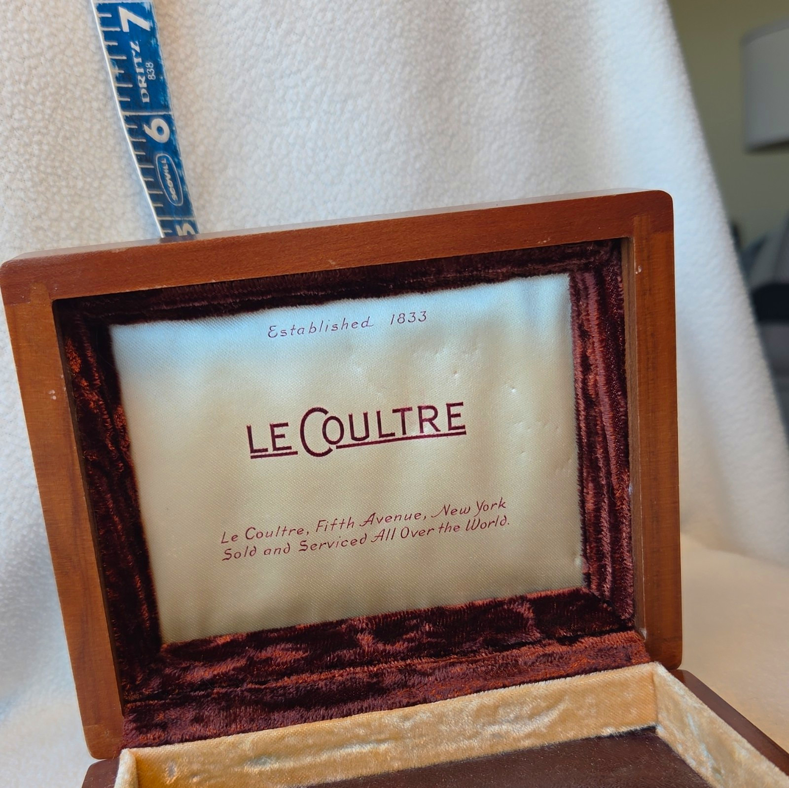 1940s 1950s Vintage Wood LeCoultre Watch Presentation Box Velvet and Silk Lined 1940s 1950s Vintage Wood LeCoultre Watch Presentation Box Velvet and Silk Lined