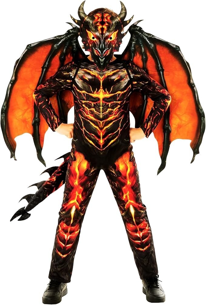Boys Lava Dragon Costume & Mask Wings Kids Red Fire Lizard Bodysuit Halloween Boys Lava Dragon Costume & Mask Wings Kids Red Fire Lizard Bodysuit Halloween