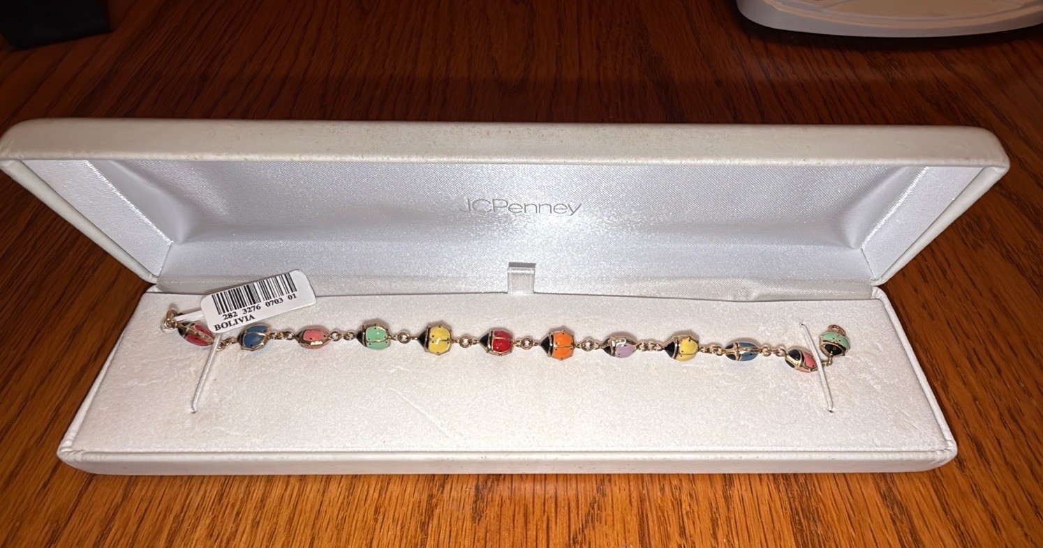 Vintage JCPenney 10K Gold Enamel Ladybug Bracelet 7.5” NWT Bolivia