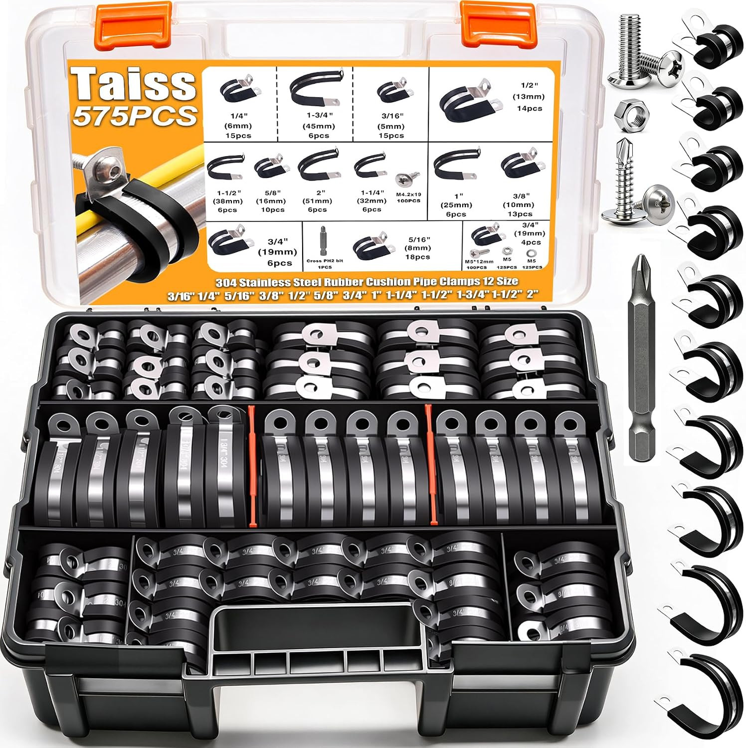 575Pcs Cable Clamps Assortment Kit,Stainless Steel,12 Sizes 3/16\ 575Pcs Cable Clamps Assortment Kit,Stainless Steel,12 Sizes 3/16\