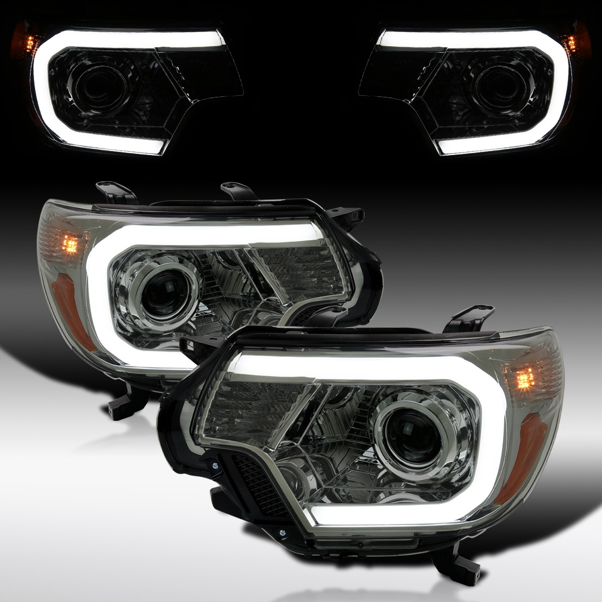 Fit 2012-2015 Toyota Tacoma Smoke LED Tube Projector Headlights Left+Right 12-15 Fit 2012-2015 Toyota Tacoma Smoke LED Tube Projector Headlights Left+Right 12-15